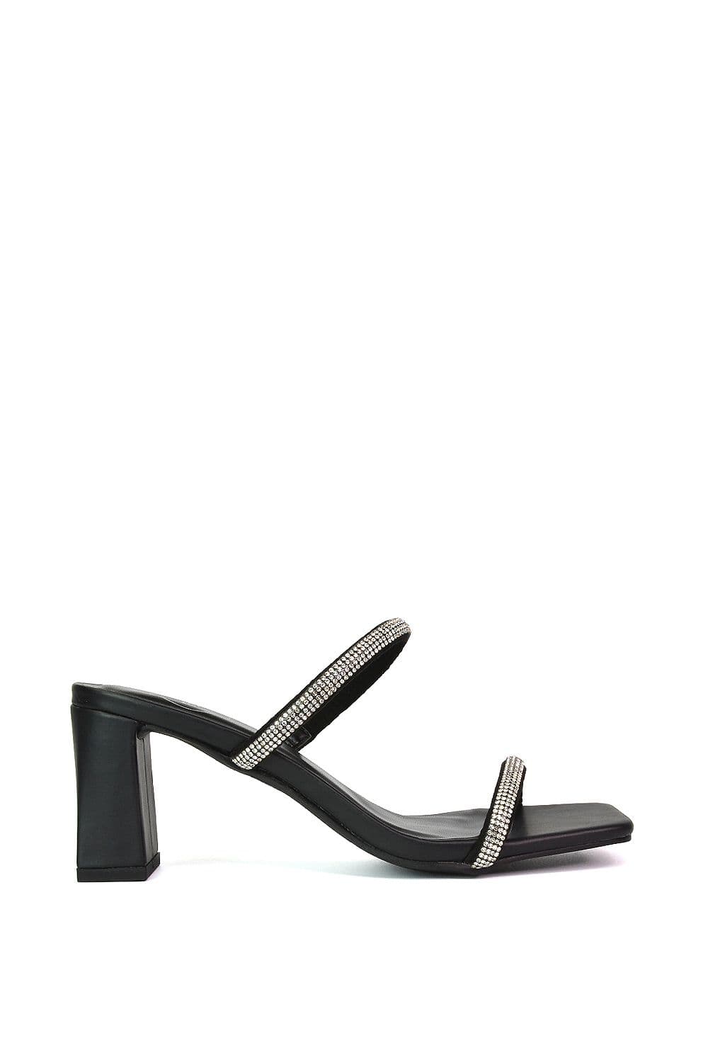 XY London Women's 'Holden' Diamante Strap Square Toe Mid Block Heel Sandal Mules in Black | Size: 6