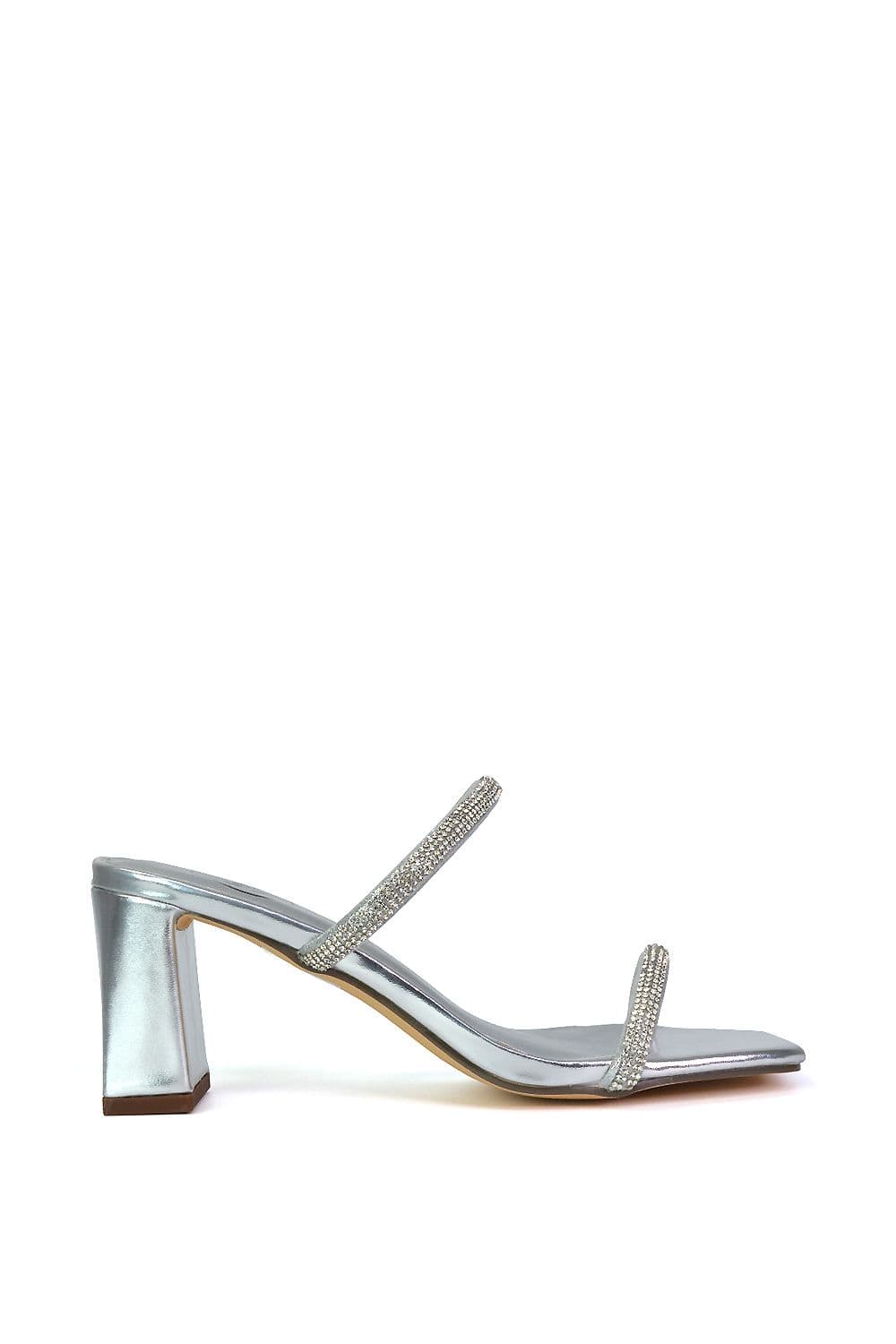 XY London Women's 'Holden' Diamante Strap Square Toe Mid Block Heel Sandal Mules in Metallic Silver | Size: 3
