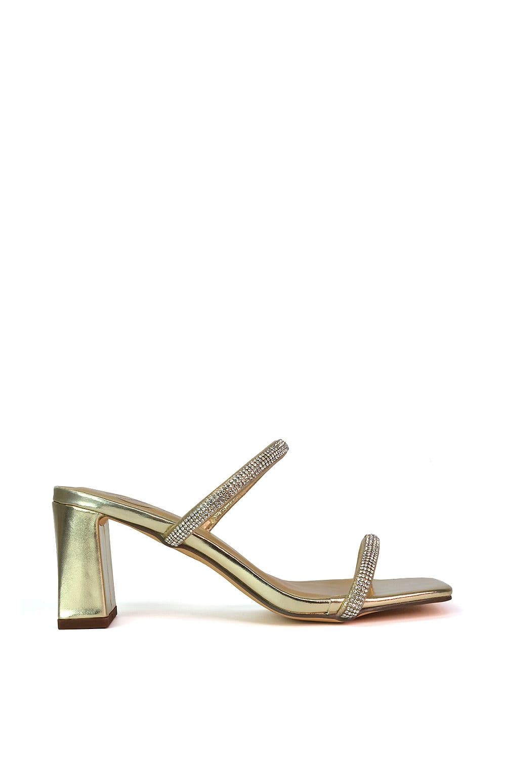 XY London Women's 'Holden' Diamante Strap Square Toe Mid Block Heel Sandal Mules in Metallic Gold | Size: 3