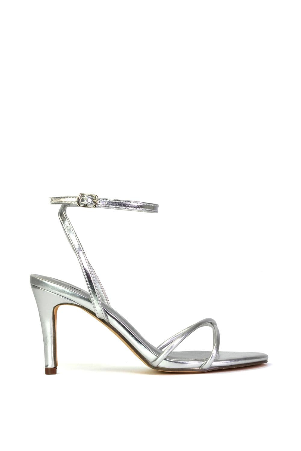 XY London Women's 'Ridge' Strappy Round Toe Mid High Heel Stiletto Sandals in Metallic Silver | Size: 7