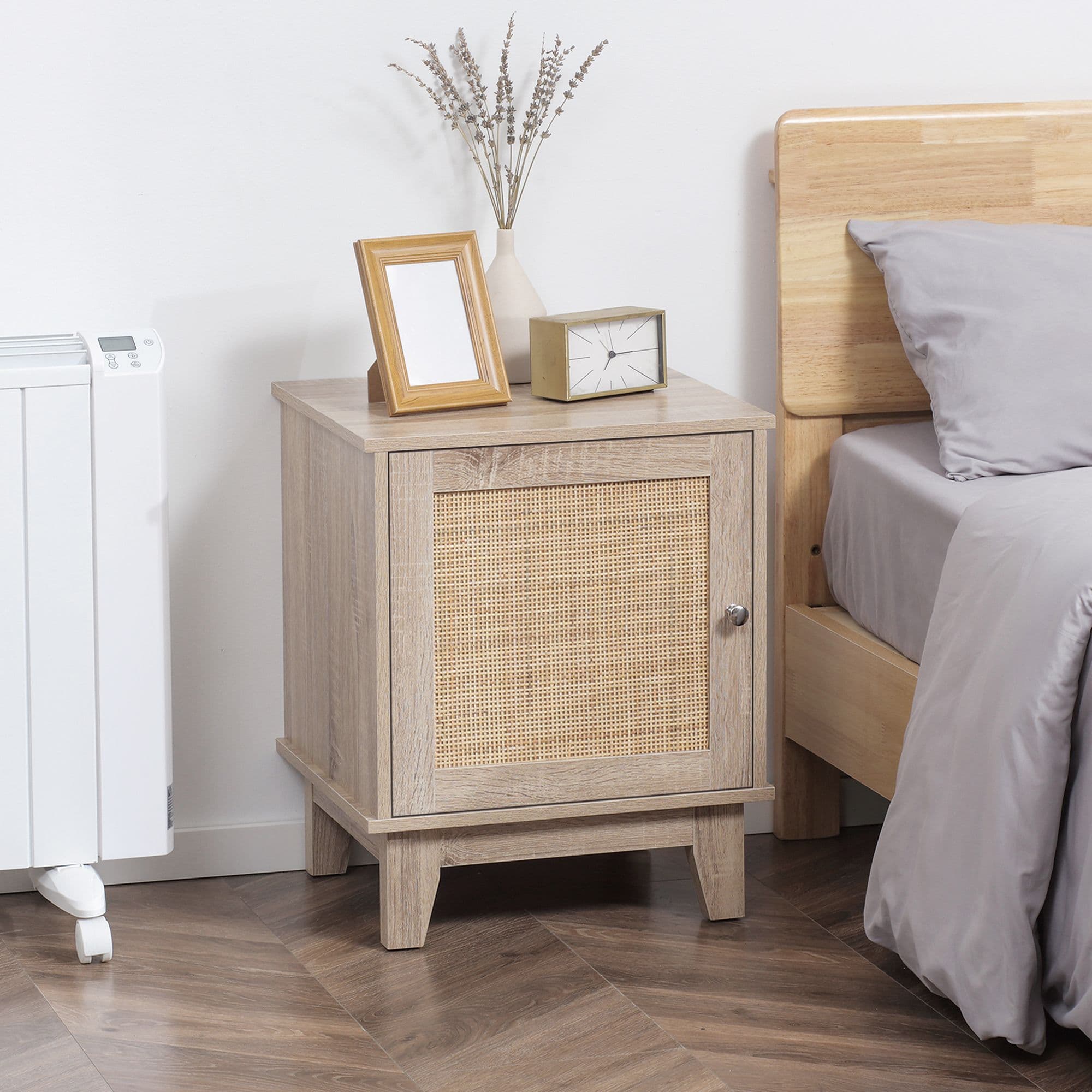 Nightstand Bedside Table with Storage Cupboard and Rattan Element