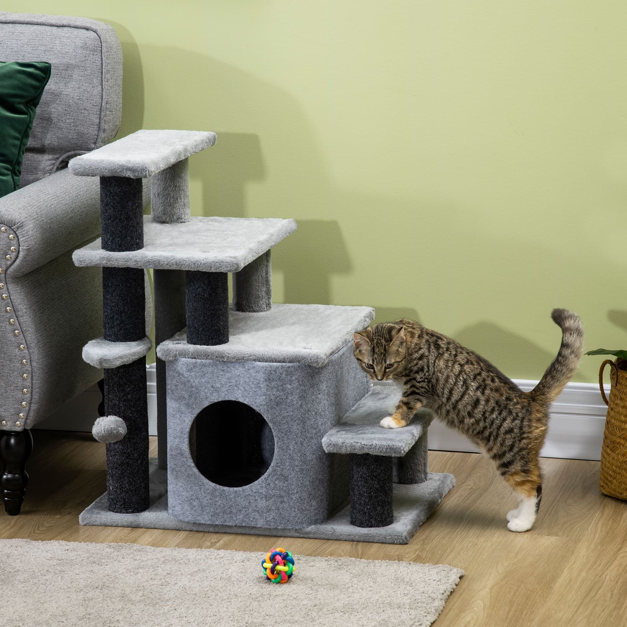 Adjustable Cat Stairs for Bed, Cat House for Sofa with Hanging Ball
