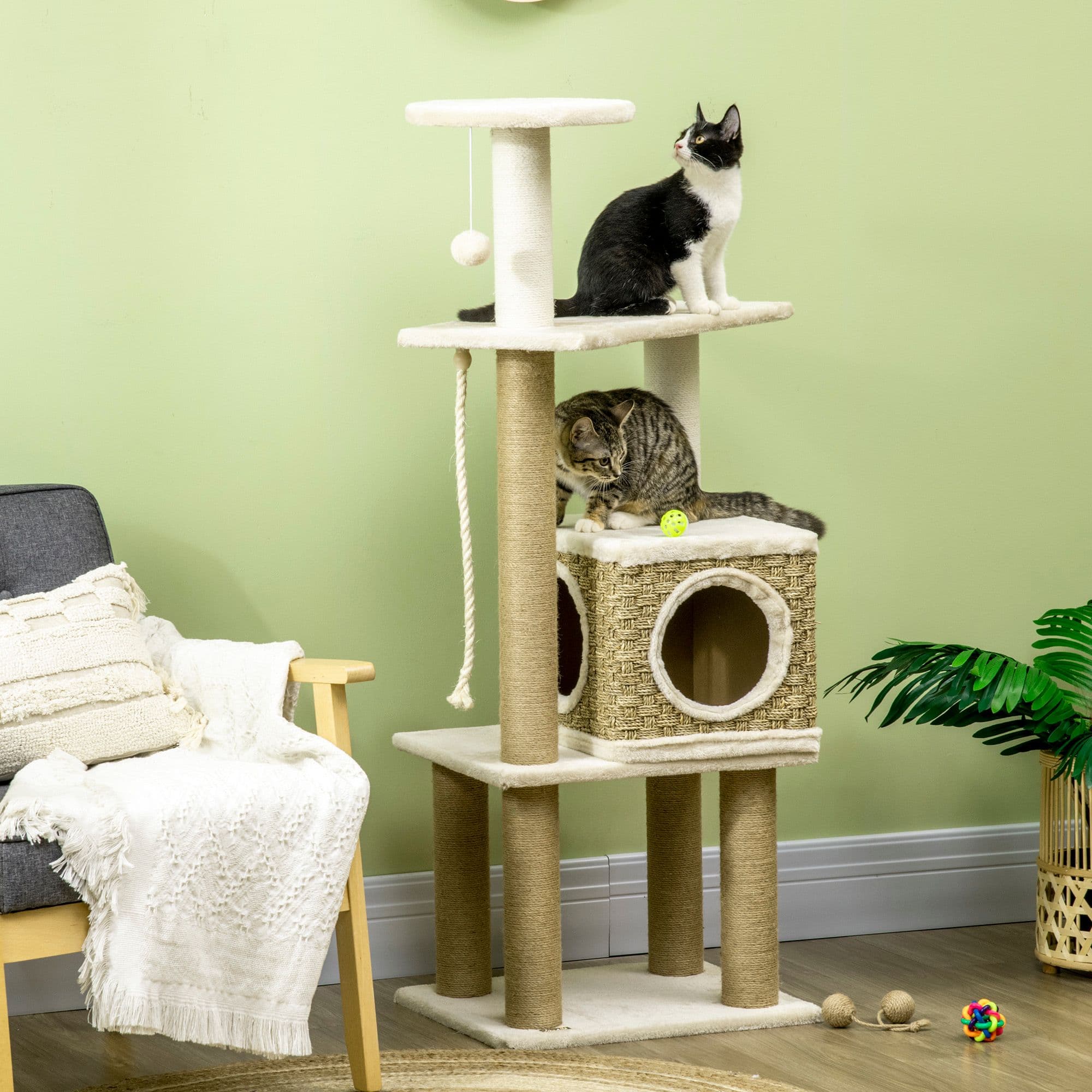 Cat Tree Activity Centre Jute Scratching Post, Cat House, Toy Ball
