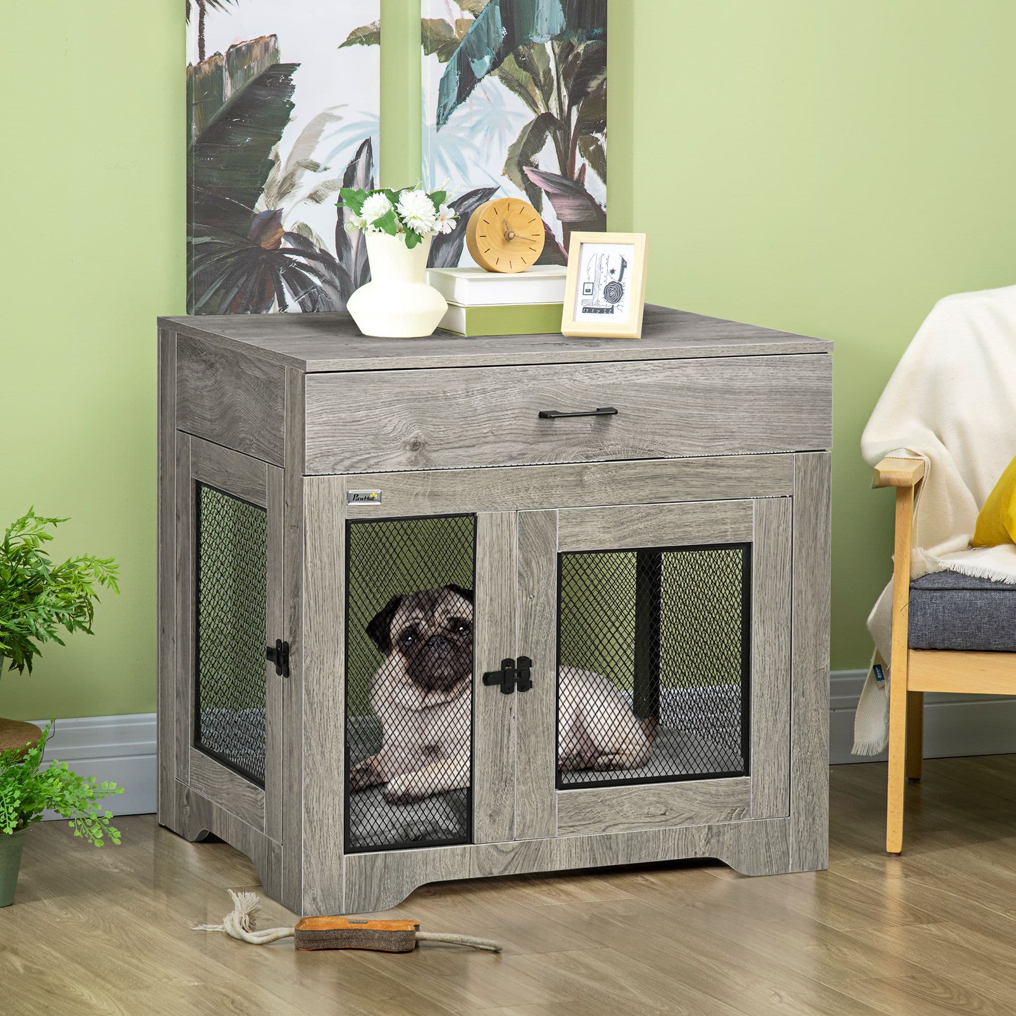 Double-Door Dog Furniture Crate, for Medium Dogs, Indoor Use - Grey