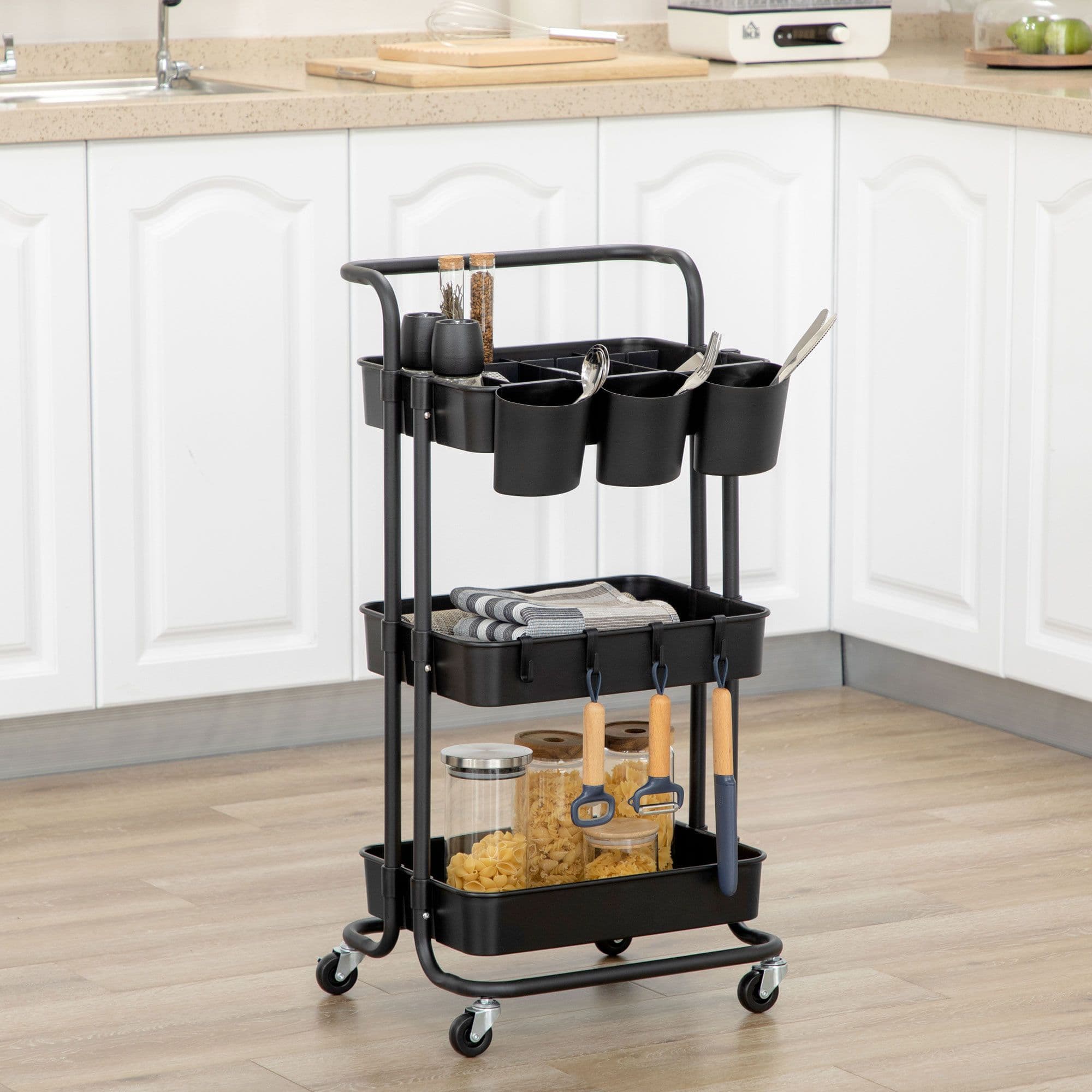 3-Tier Utility Cart, Serving Trolley with Mesh Baskets Removable