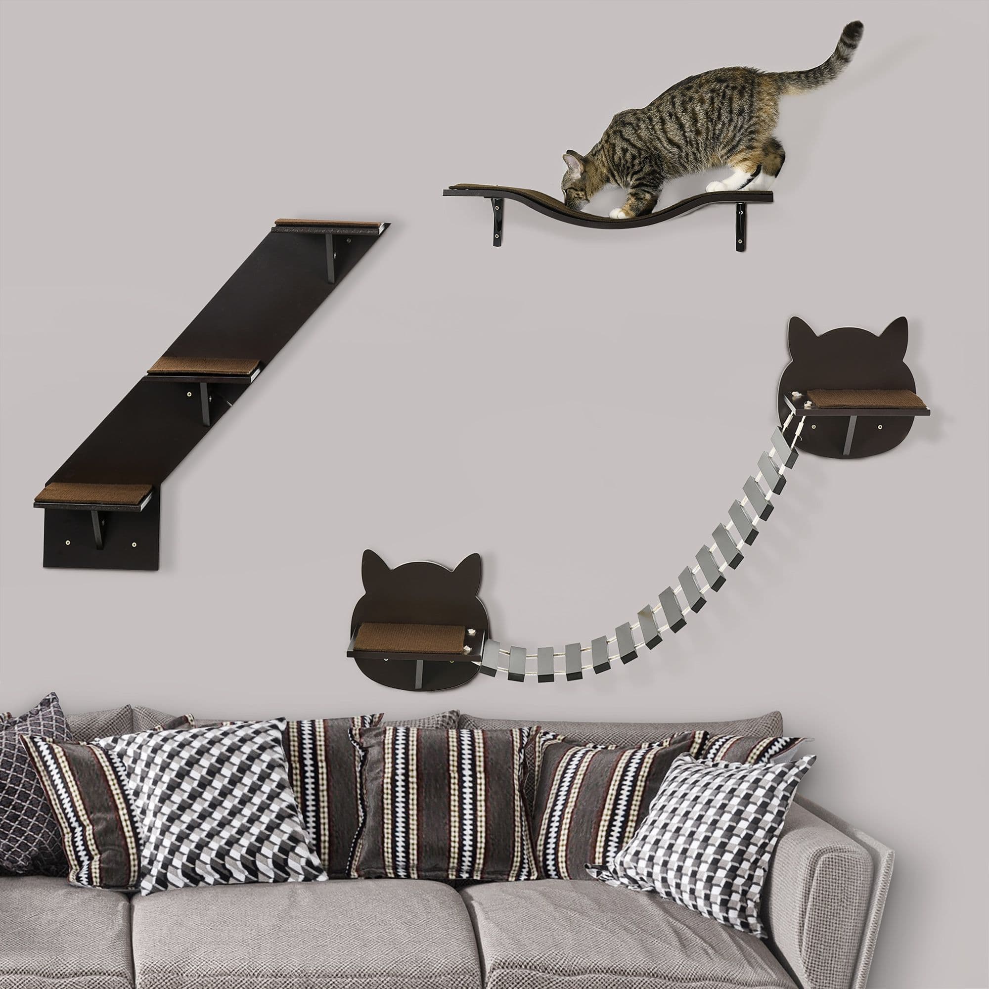 3-Piece Wall-Mounted Cat Shelves Jumping Platforms, Ladders - Brown