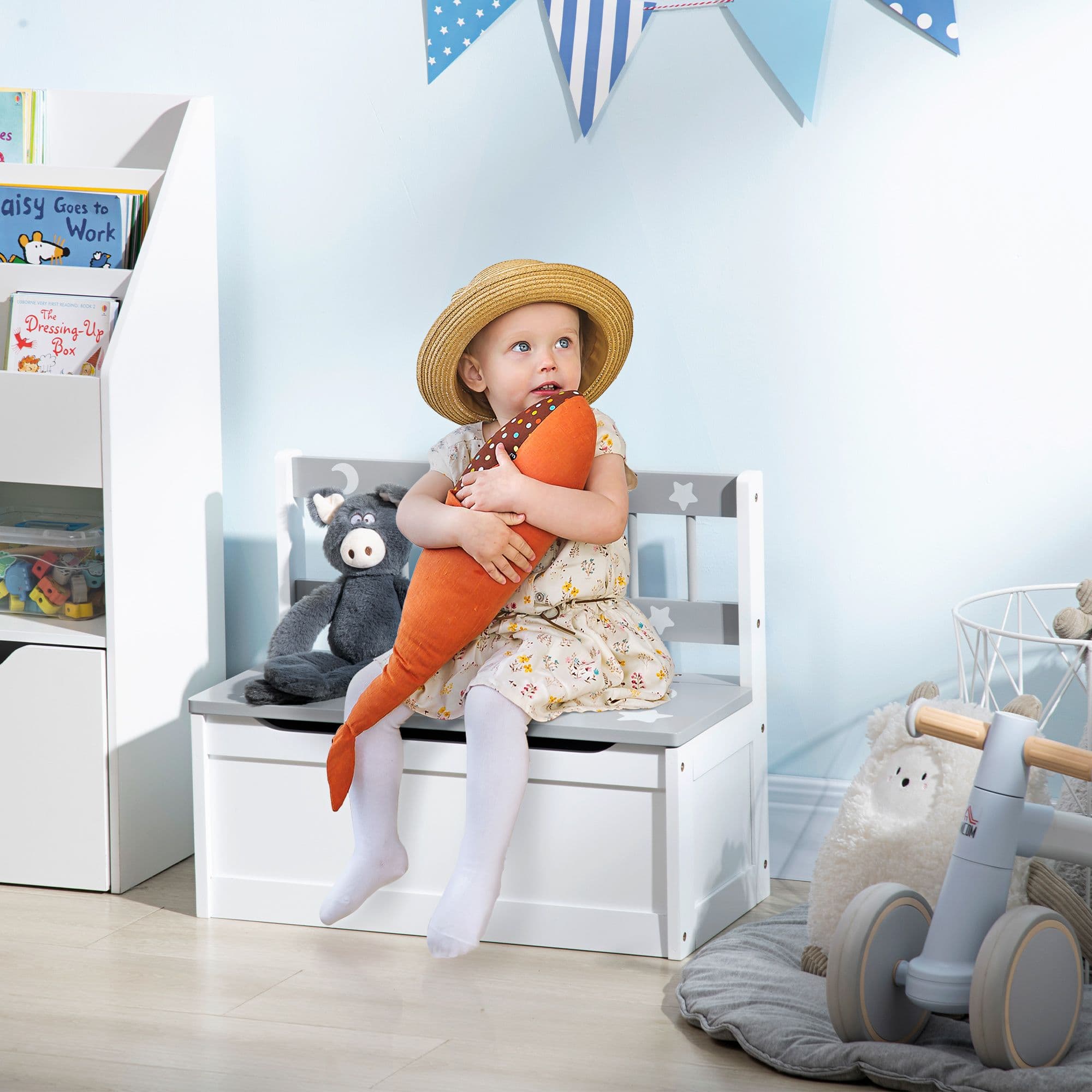 2 1 Wooden Toy Box Storage Bench Safety Rod