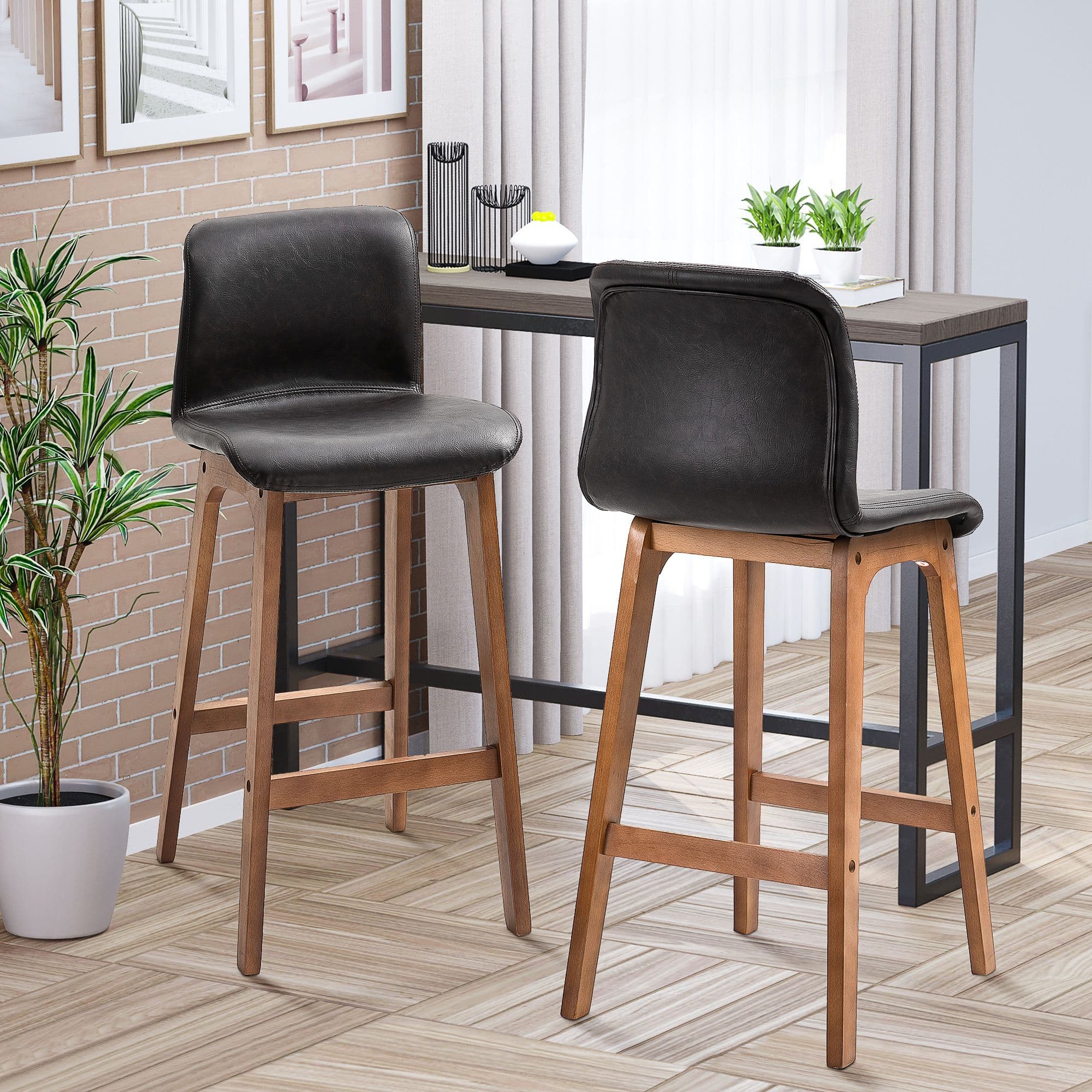 2 Pcs 93cm Faux Leather Bar Stools Wooden Frame Footrest Padding