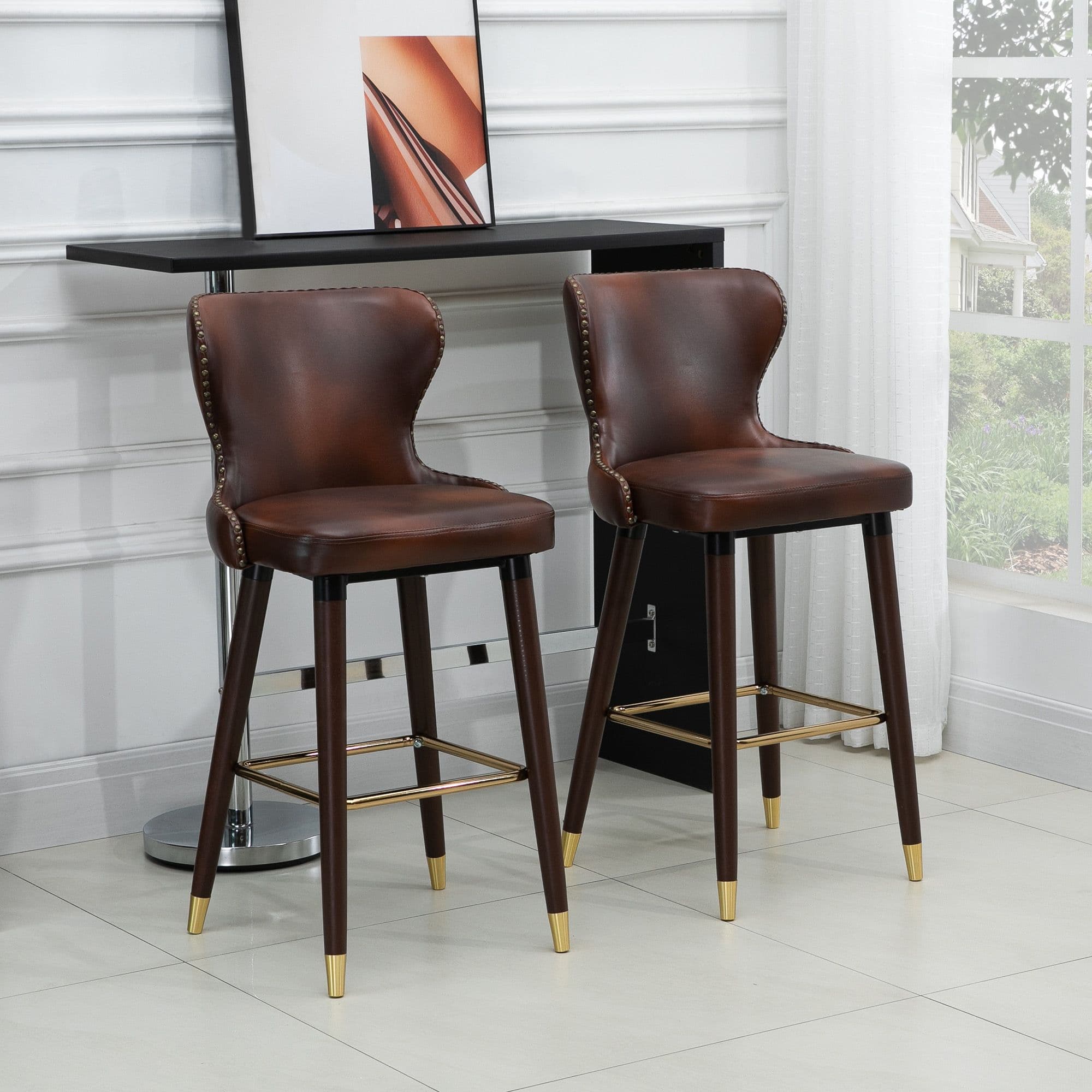 2 Pieces Home Luxury Bar Chair Stool PU Leather European Style