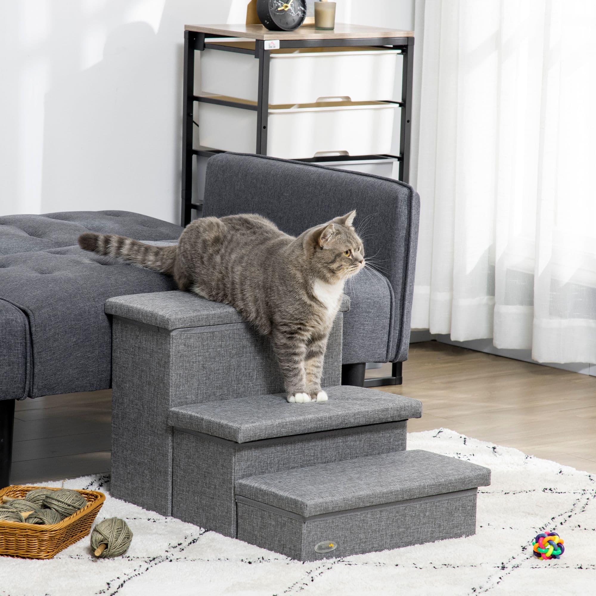 Cat Stairs, 3 Steps Dog Stairs with Storage Boxes, for High Beds, Sofa