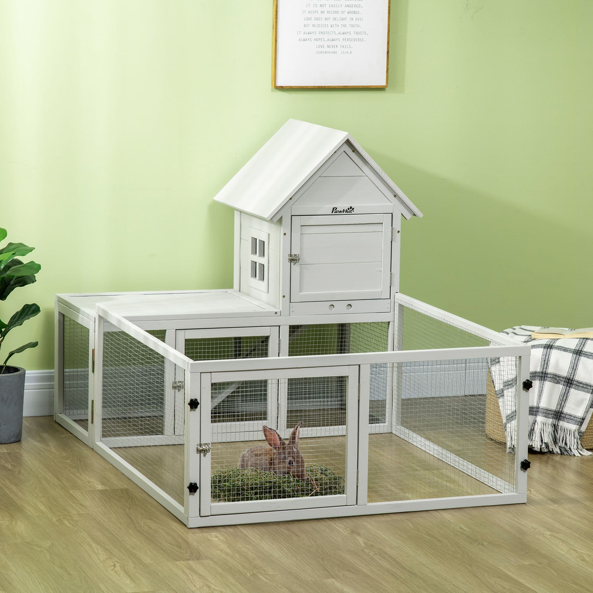 Indoor Rabbit Hutch Guinea Pig Cage with Slide-Out Tray, Fenced Area