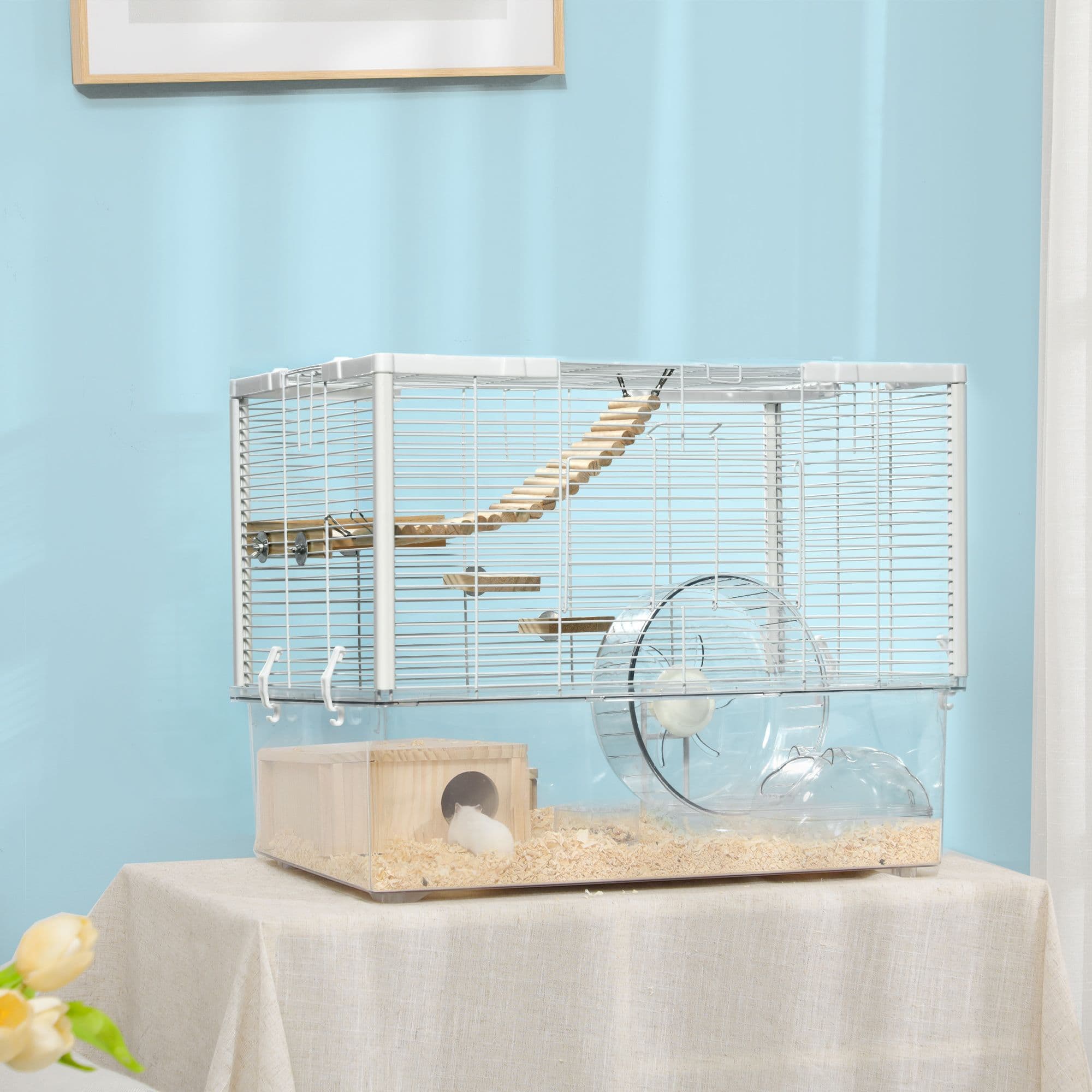 Hamster Cage, Gerbil Cage with Deep Bottom, Wooden Ramp, Hut