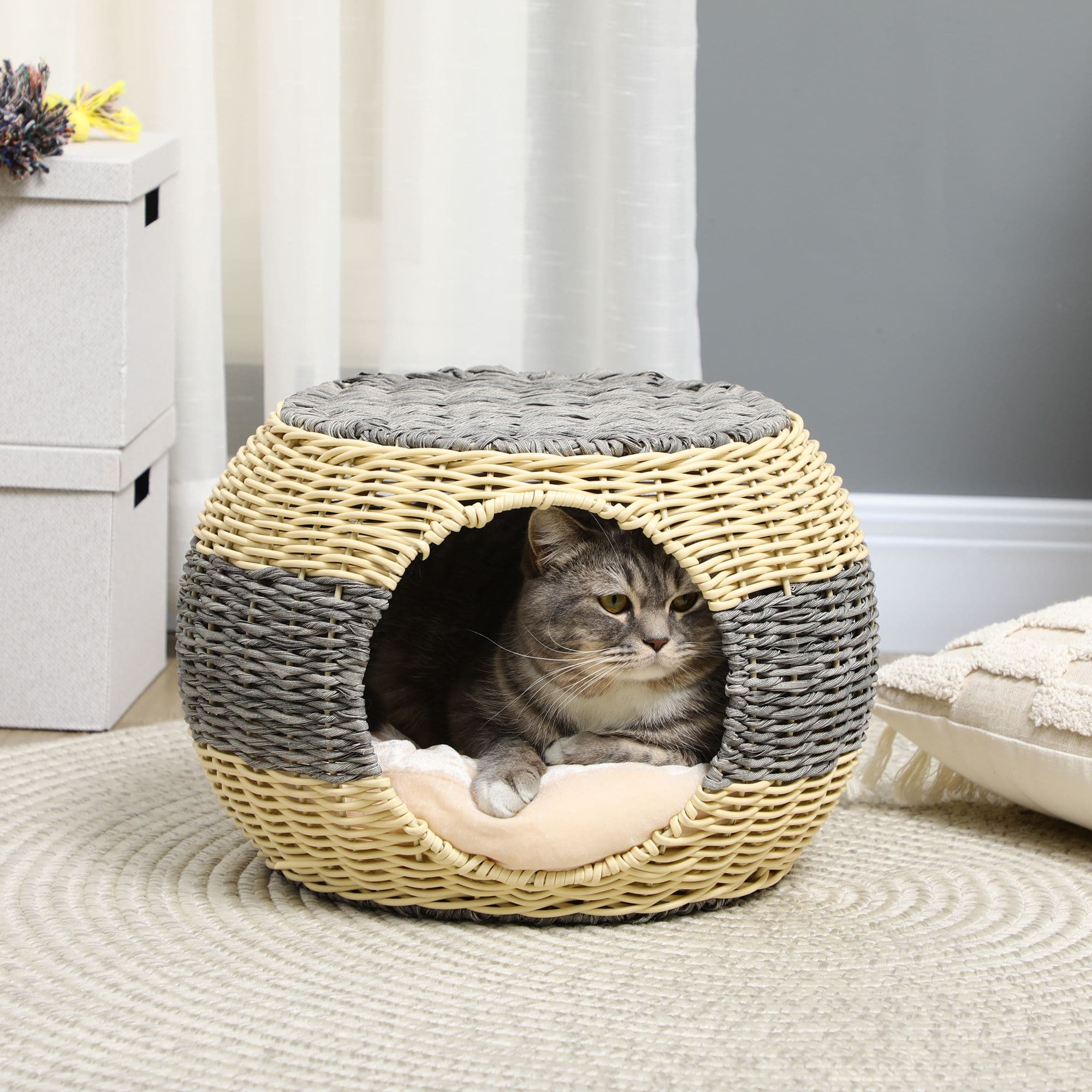 Wicker Cat House, Cosy Kitten Cave with Soft Washable Cushion, Φ40 x 30