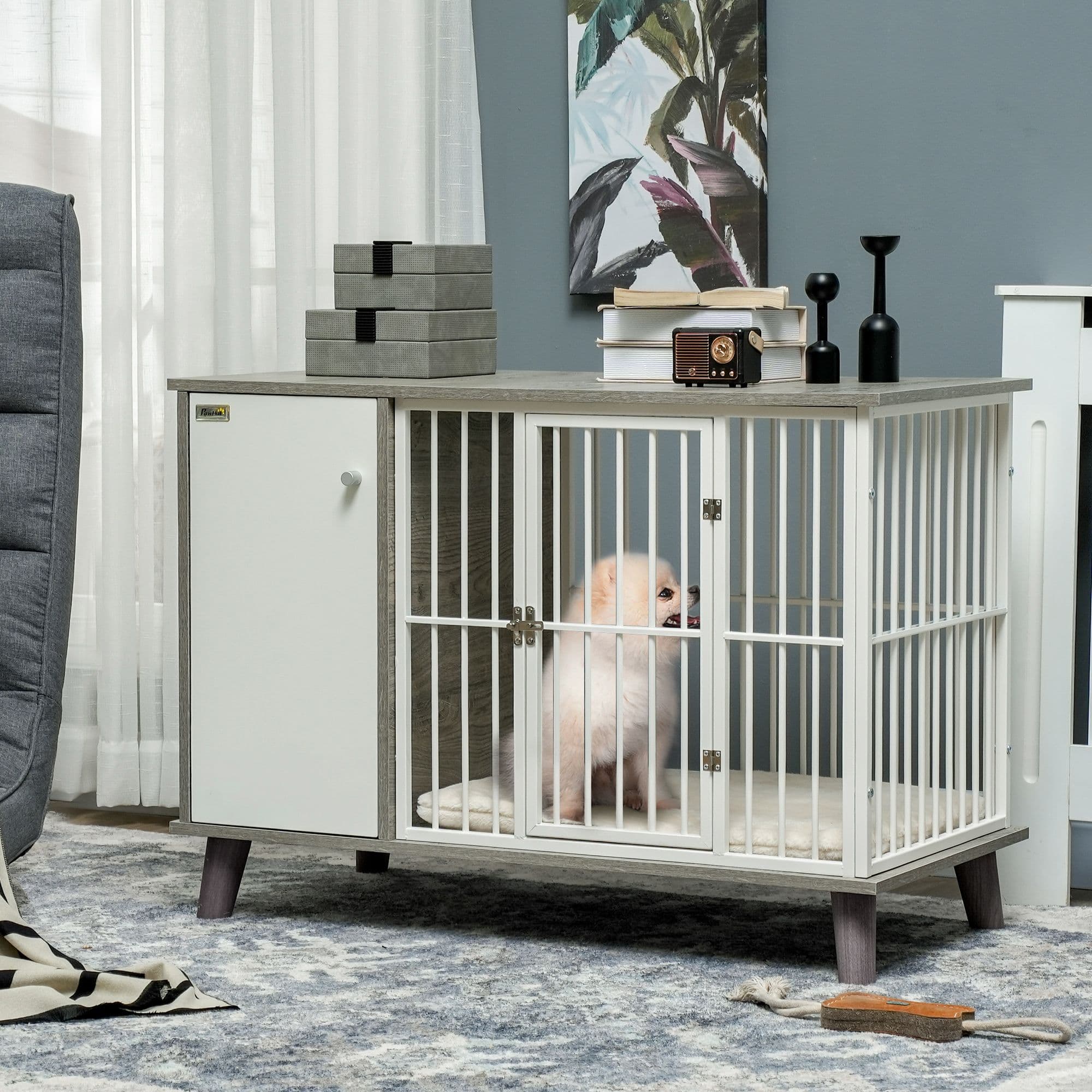 Dog Crate End Table with Cushion, 98 x 48 x 70.5cm - Grey