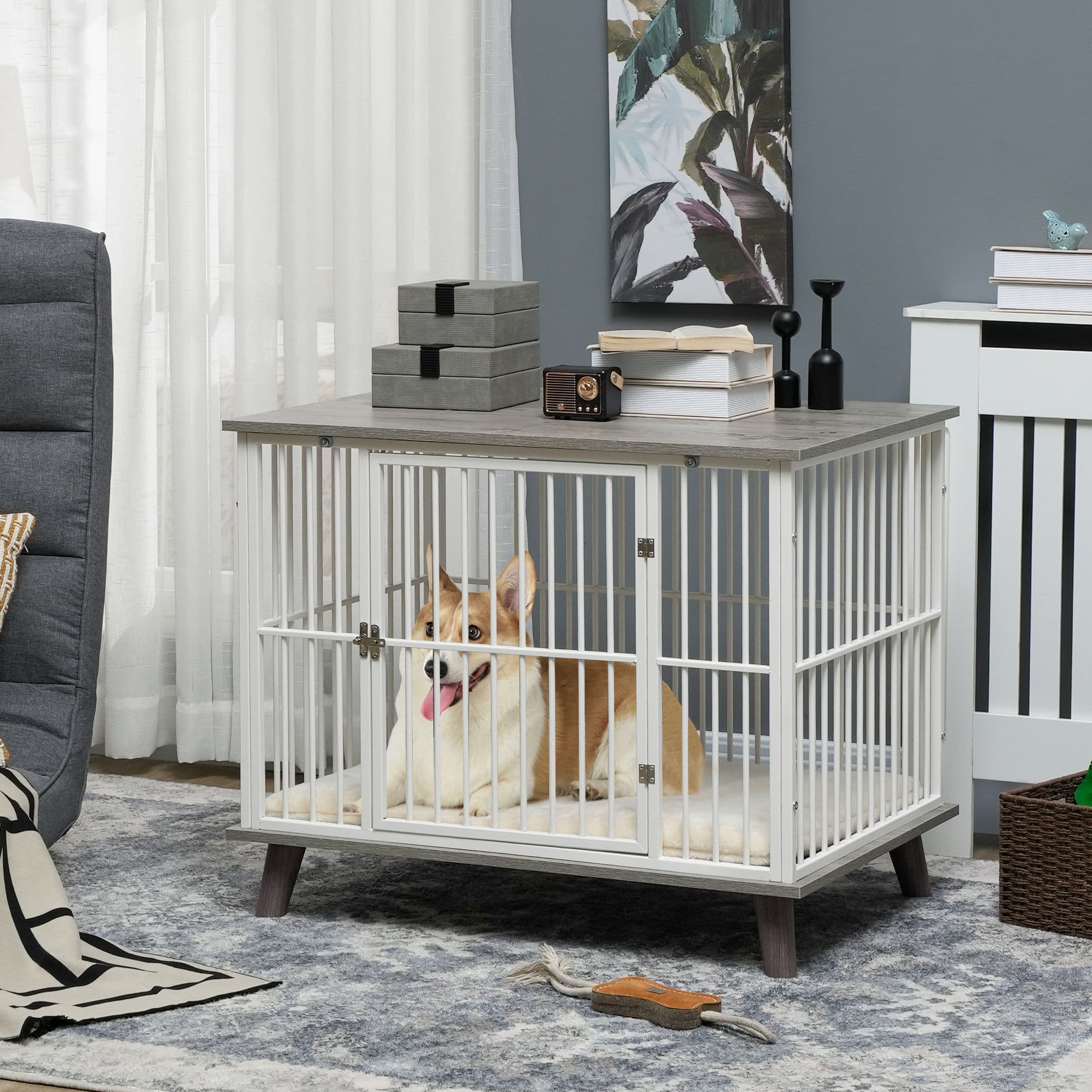 Dog Crate Furniture, Dog Crate End Table with Cushion, 86 x 60 x 70cm - Grey