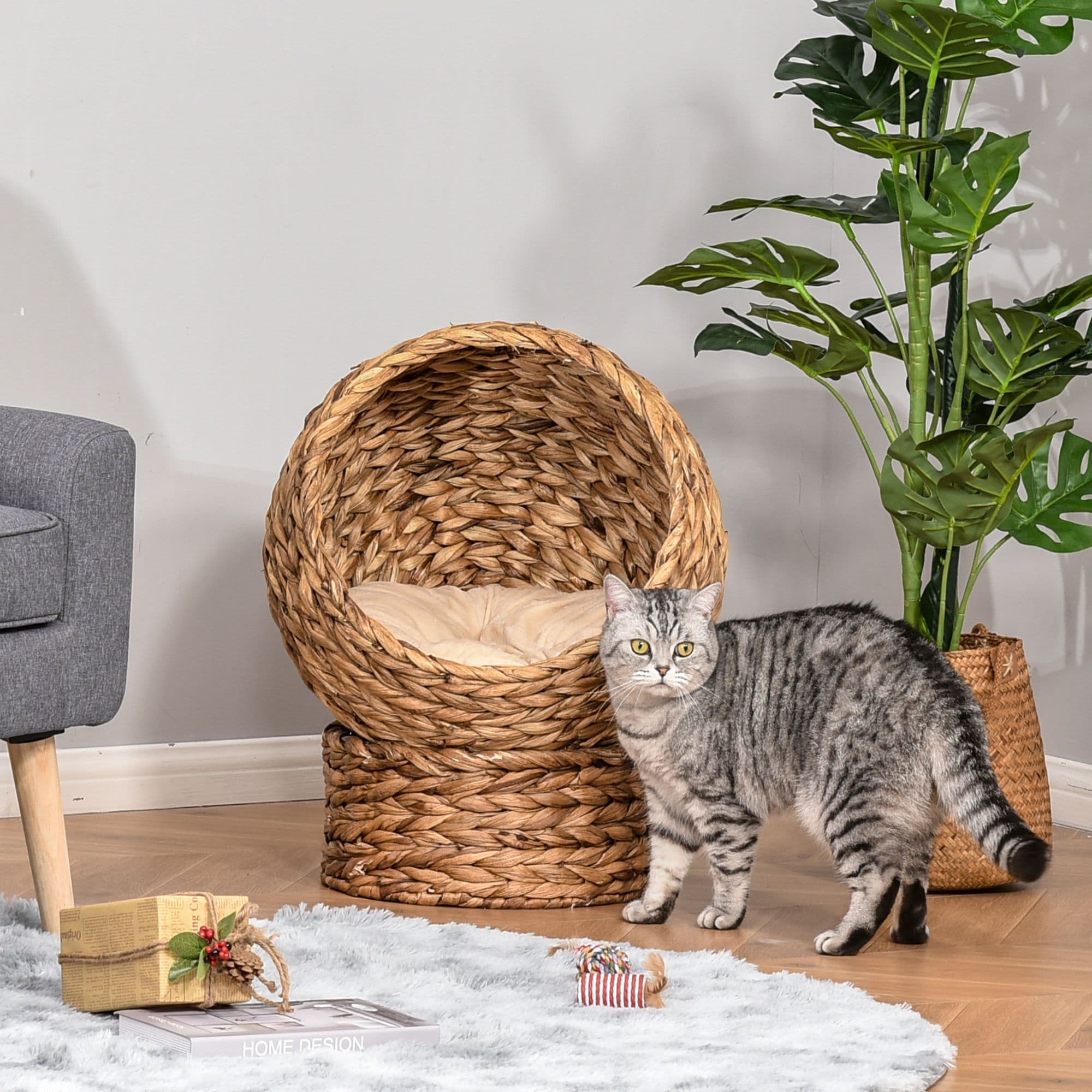 Wicker Cat House, Raised Cat Bed with Cylindrical Base, 50 x 42 x 60