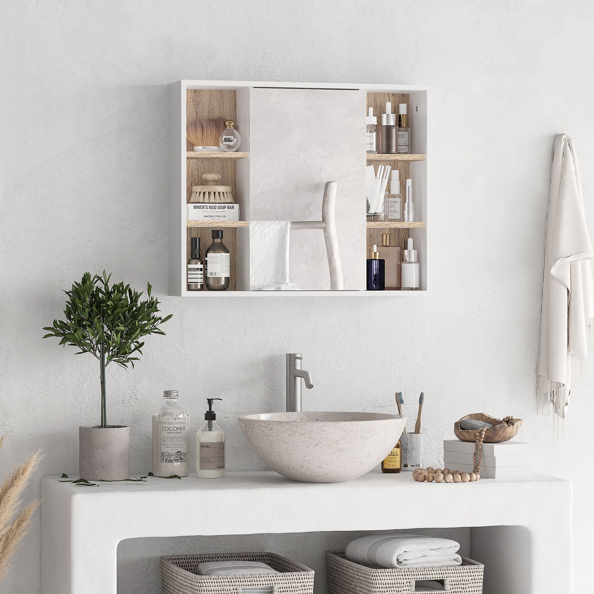 Bathroom Mirror Cabinet, Wall Mounted Storage with Open Cupboard