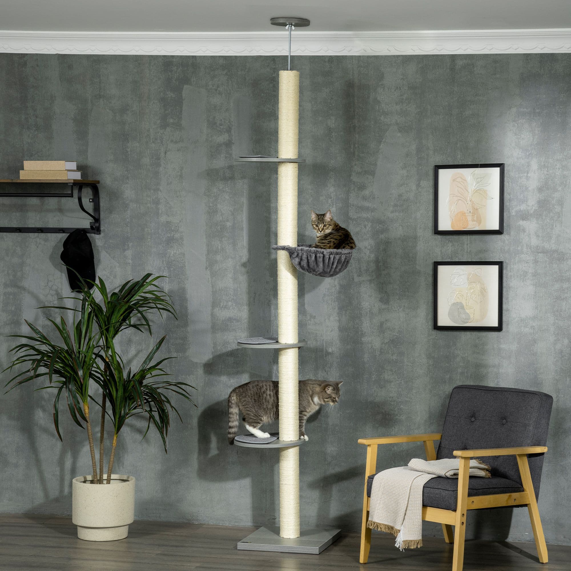 250cm Floor to Ceiling Cat Tree, Five-Level Kitten Tower with Hammock