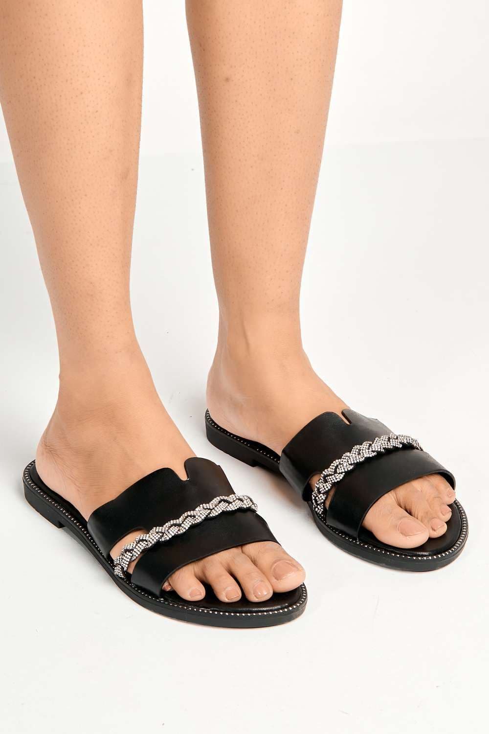 Miss Diva Women's Shaz Diamante Embellished Sliders in Black | Size: 6