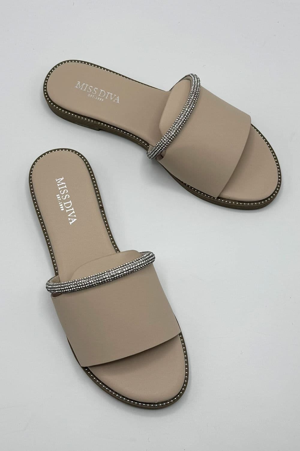 Miss Diva Women's Kasya Diamante Band Stud Detailed Flat Sliders in Beige | Size: 7