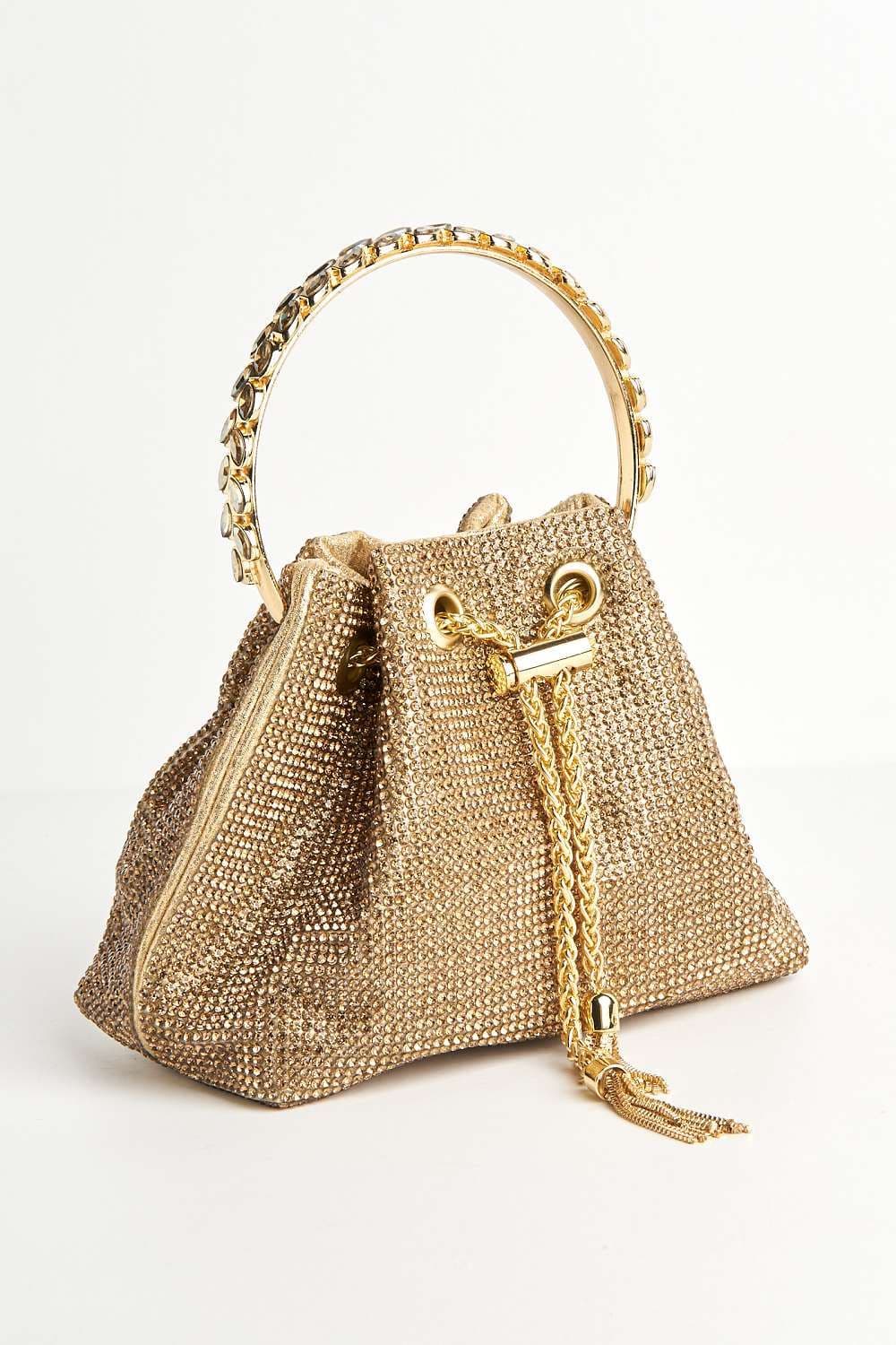 Miss Diva Women's Boujee Diamante Embellished Pouch Mini Bag with Metal Handle in Gold