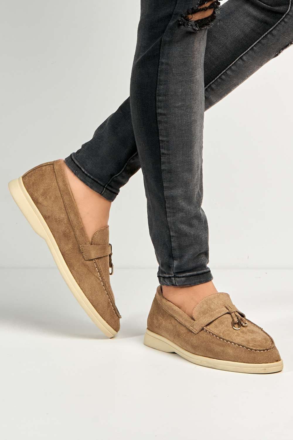 Miss Diva Women's Tonya Charm Detail Slip-On Faux Suede Loafers in Taupe | Size: 6