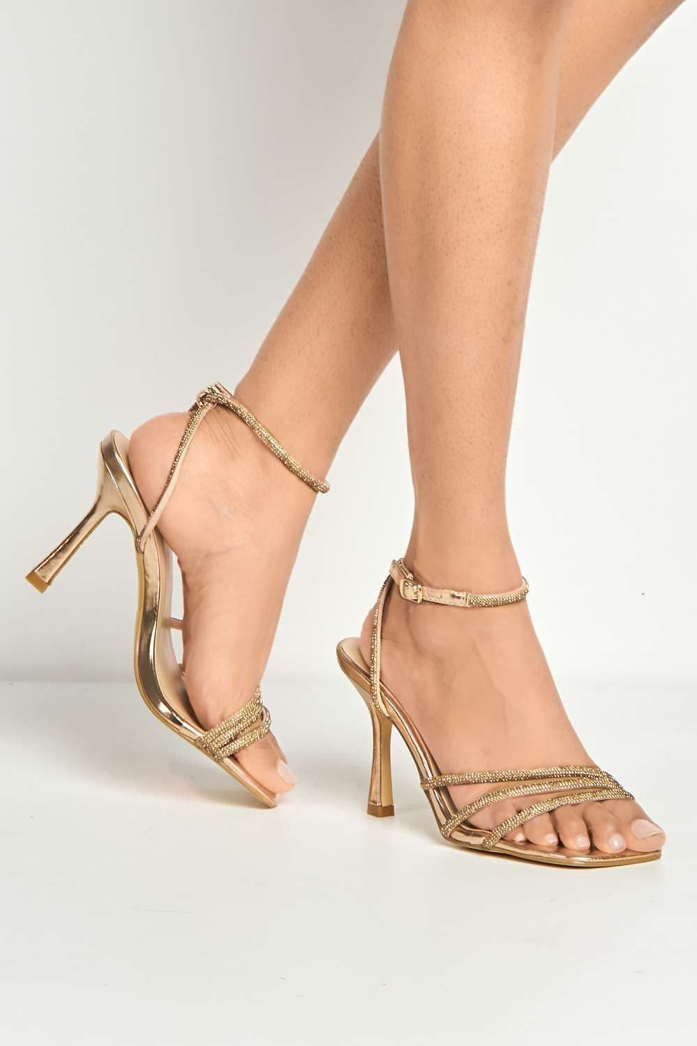 Miss Diva Women's Camina Diamante Embellished 3 Strap Heeled Sandals in Rose Gold | Size: 6