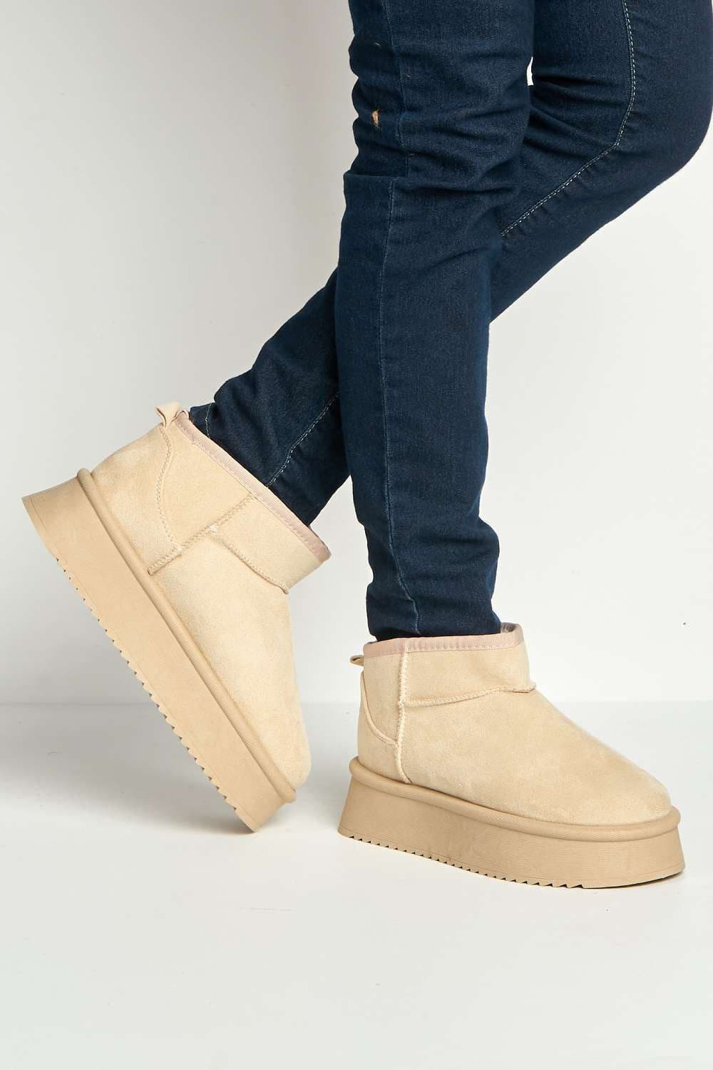 Miss Diva Women's Dahl Faux Fur Lining Chunky Sole Ankle Boots in Beige | Size: 7