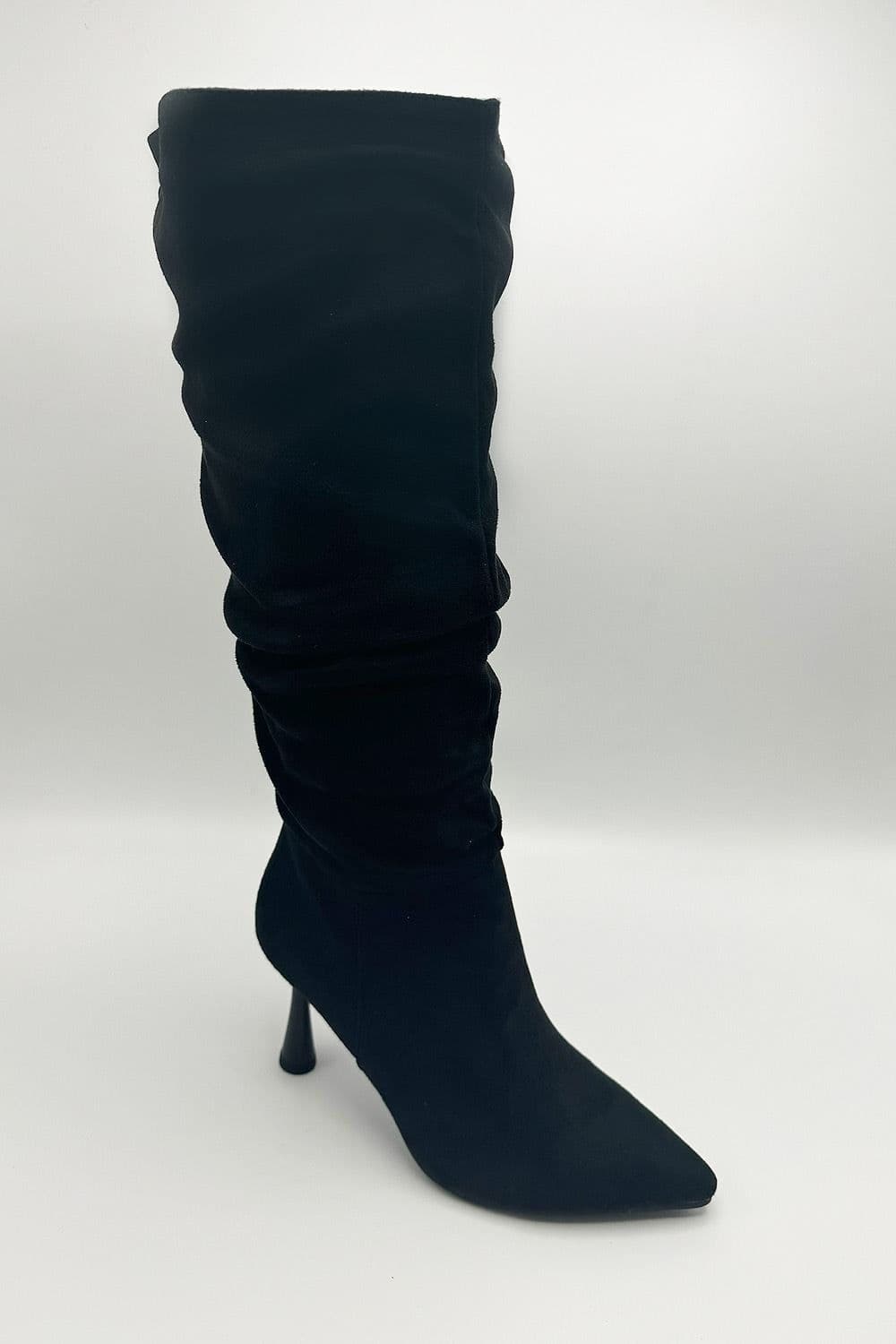 Advinee Ruched Pointed Toe Knee High Heeled Boots