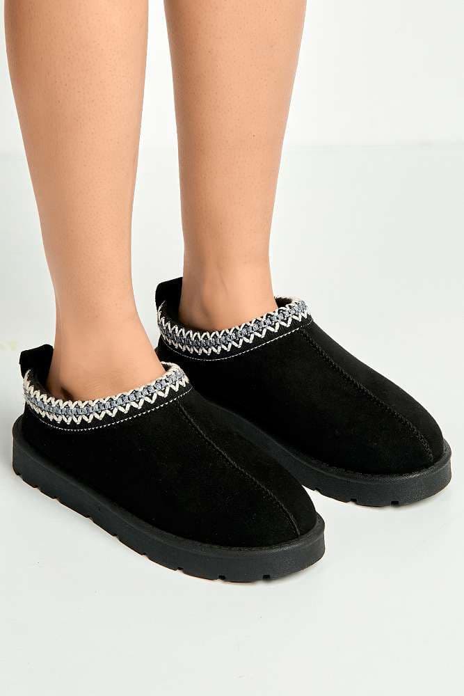 Miss Diva Women's Sigrid Embroidered Faux Fur Lining Slippers in Black | Size: 5