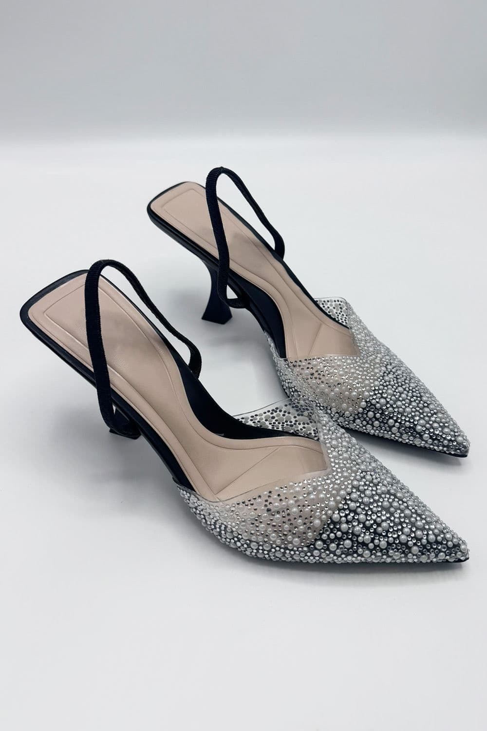 Miss Diva Women's Juliana Pointed Toe Pearl Embellished Court Shoes in Black | Size: 4