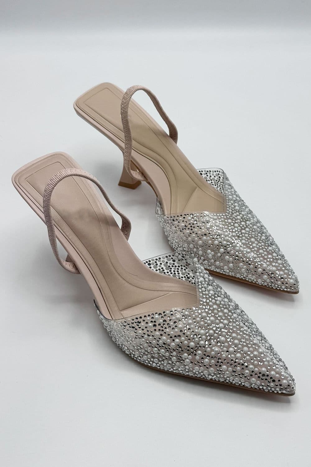 Miss Diva Women's Juliana Pointed Toe Pearl Embellished Court Shoes in Nude | Size: 3