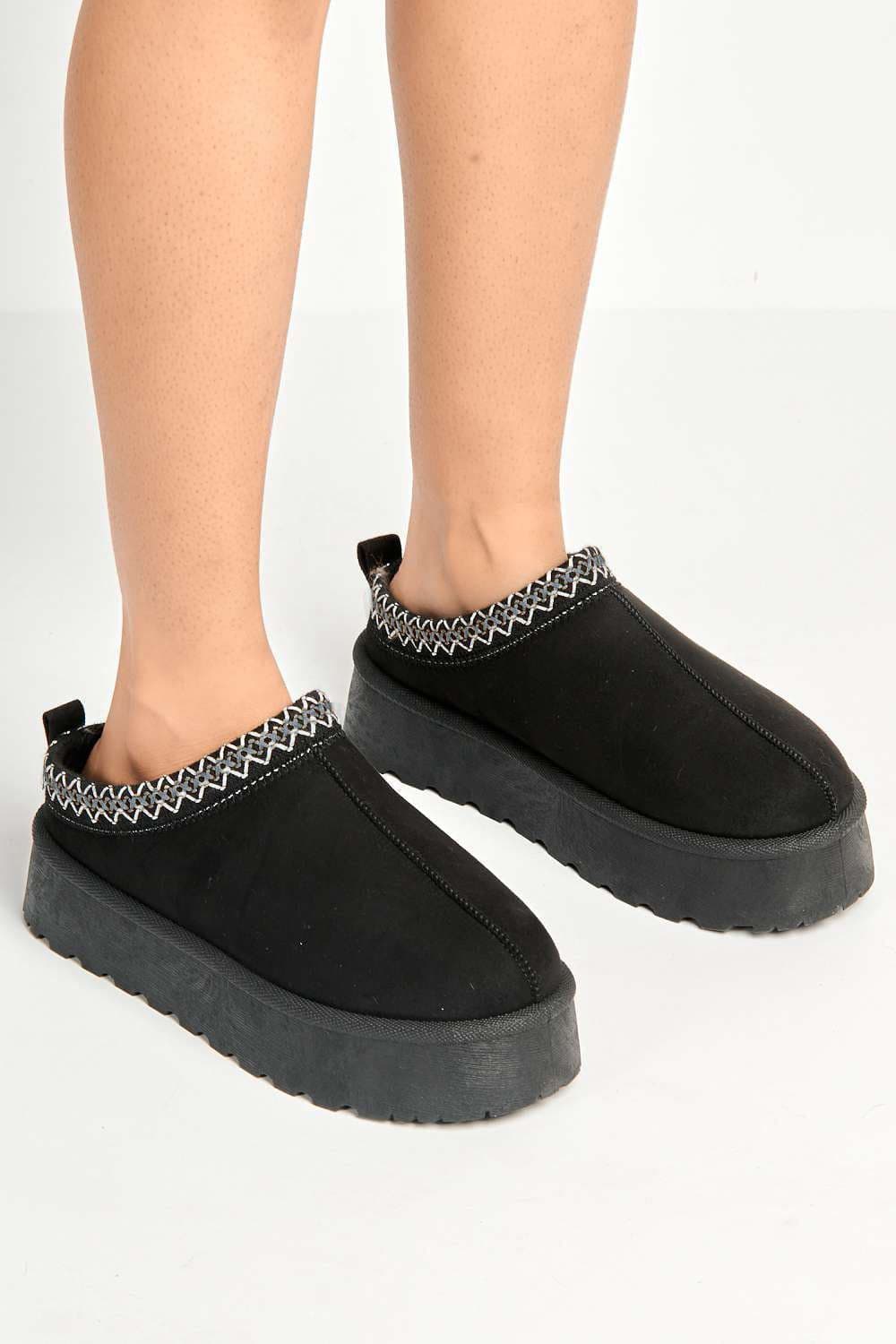 Miss Diva Women's Astri Faux Fur Lining Knit Pattern Detail Flatform Slippers in Blue | Size: 6