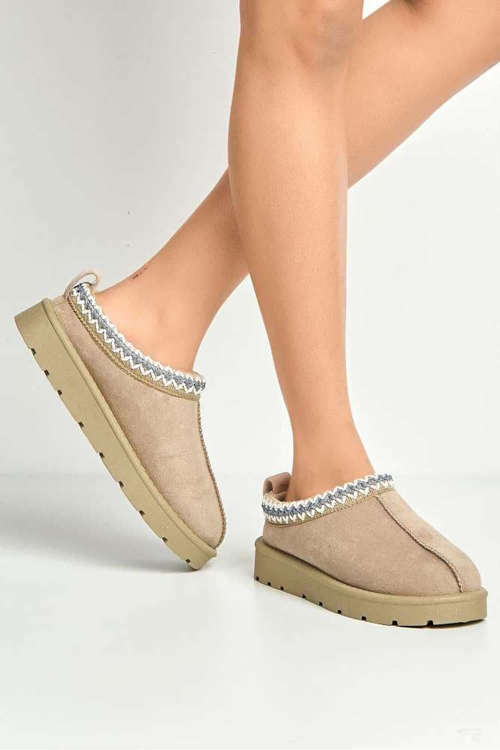 Miss Diva Women's Koona Faux Fur Lining Knit Pattern Detail Flatform Slippers Flats in Medium Beige | Size: 5