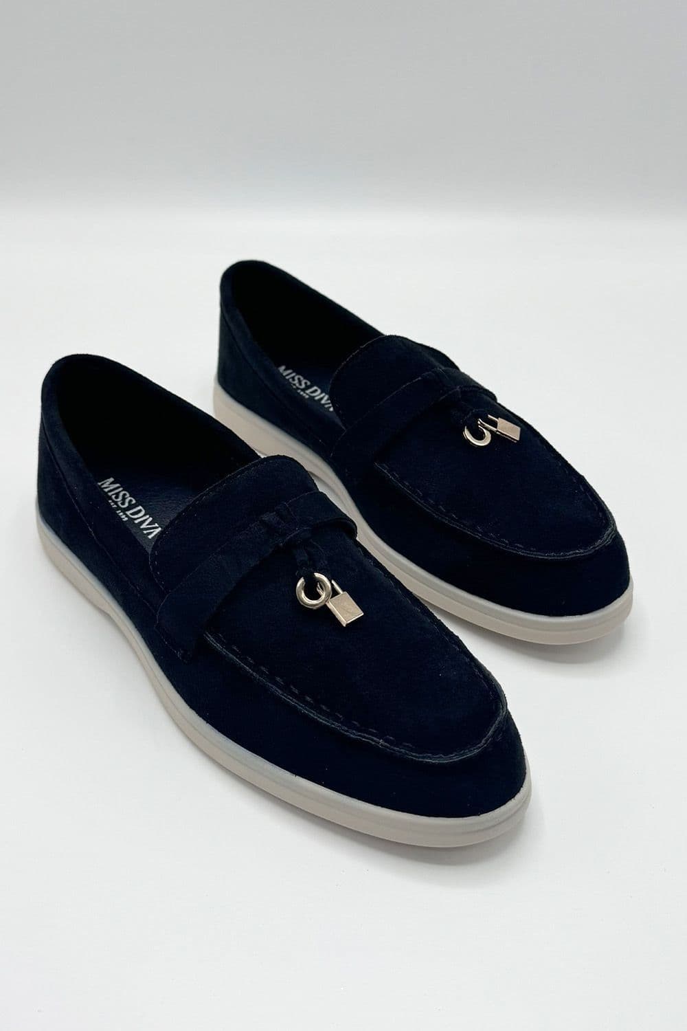 Miss Diva Women's Tonya Charm Detail Slip-On Faux Suede Loafers in Black | Size: 7