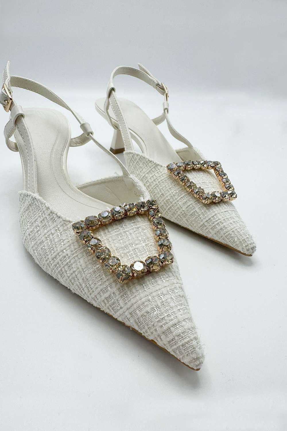 Miss Diva Women's Clarrine Diamante Brooch Detail Pointed Toe Court Shoes in Beige | Size: 6