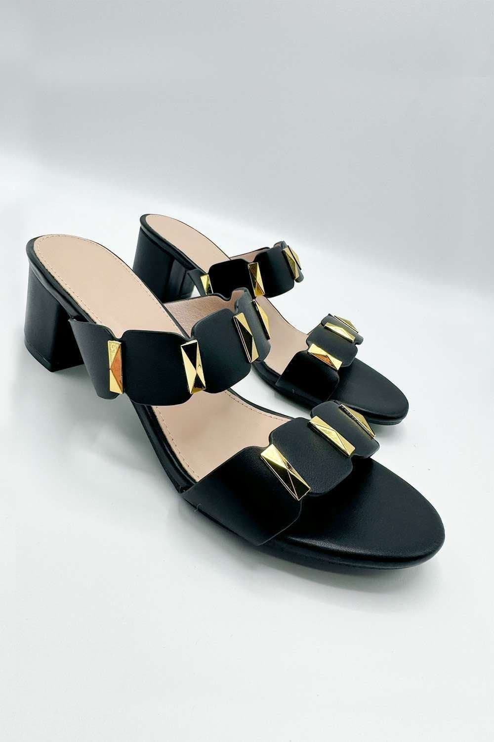 Miss Diva Women's Kolee Stud Detail Block Heel Mules in Black | Size: 5