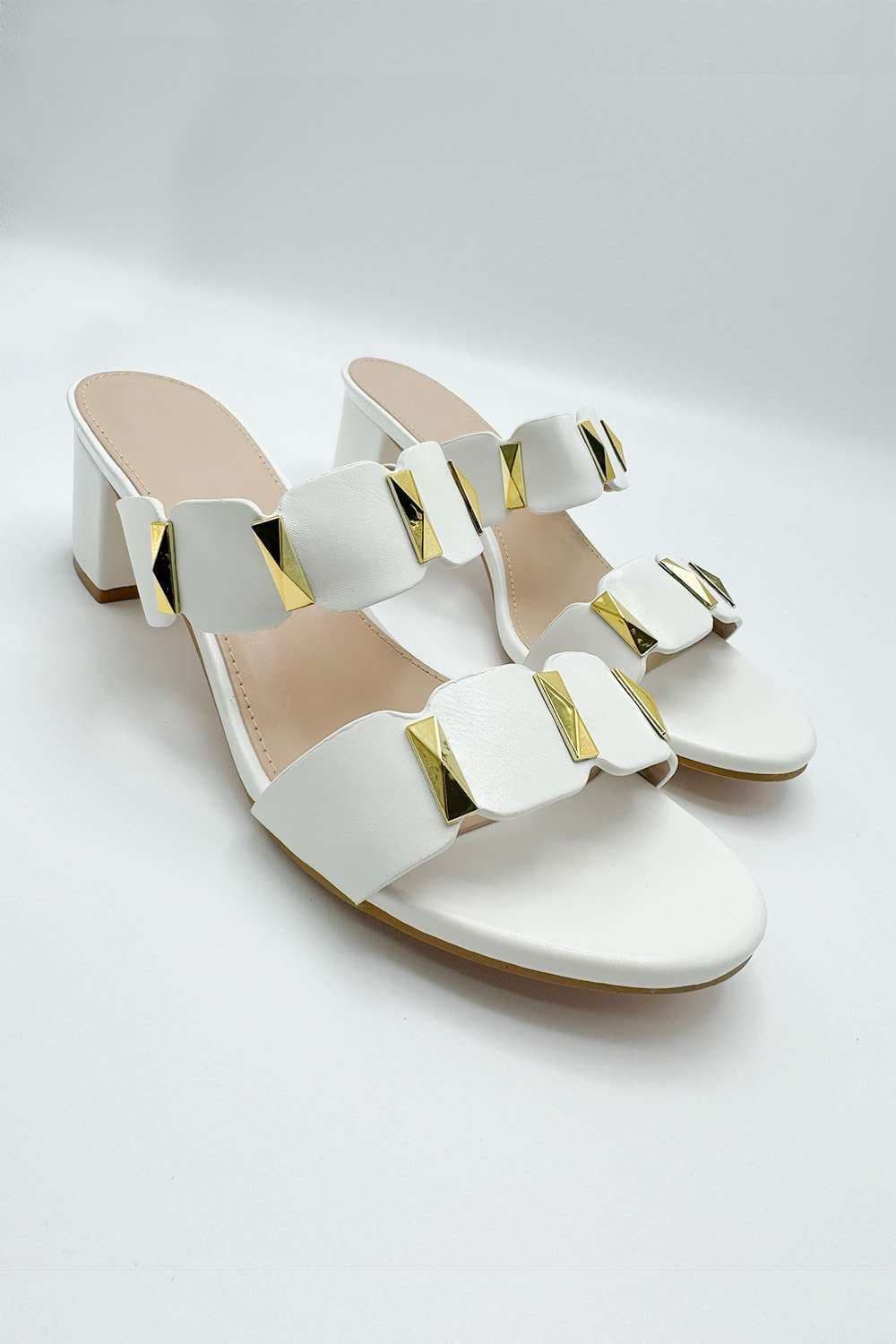 Miss Diva Women's Kolee Stud Detail Block Heel Mules in White | Size: 6