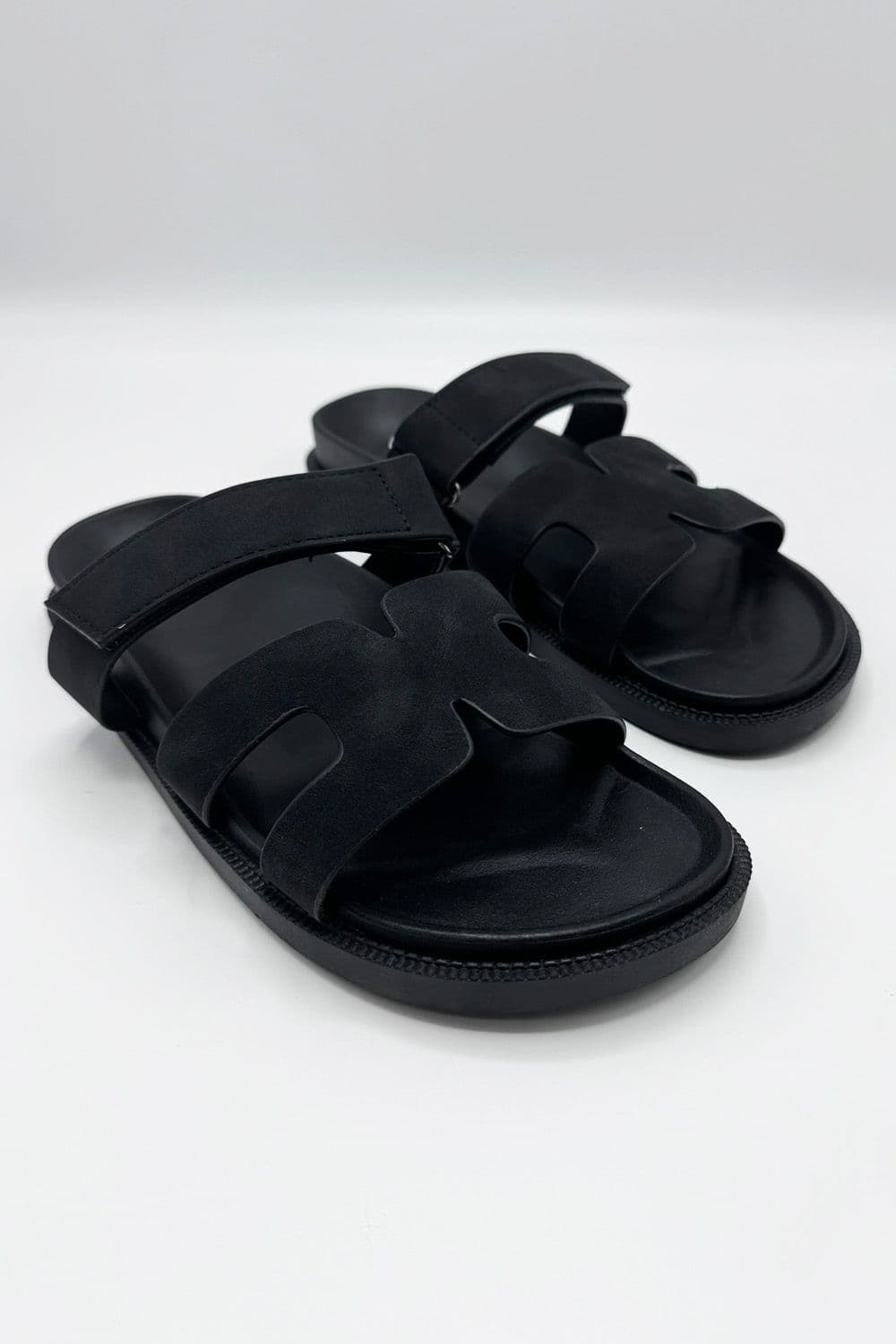 Miss Diva Women's Thalia H Shaped Velcro Strap Flat Slider in Black | Size: 6