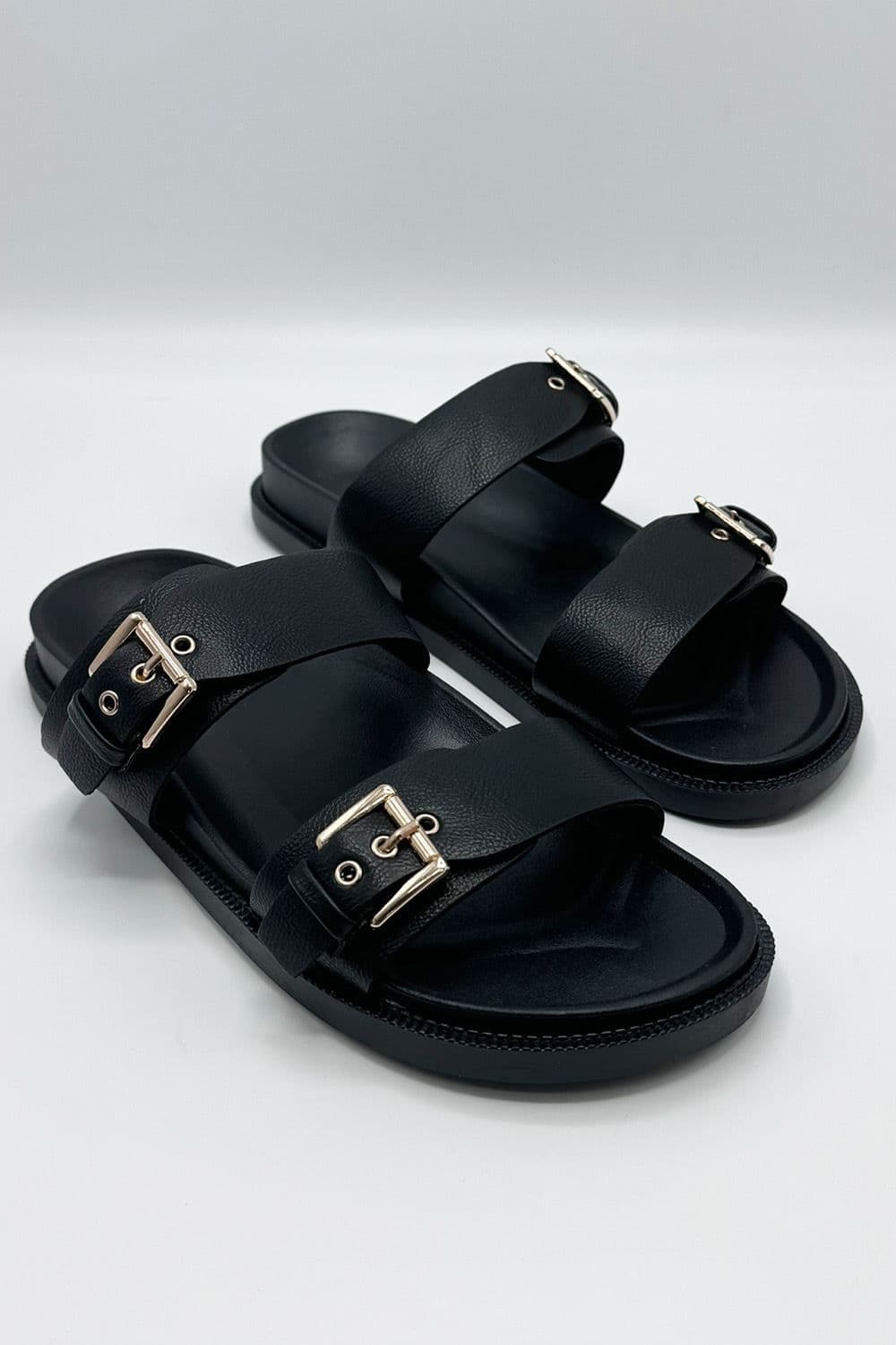 Miss Diva Women's Elise 2 Band Gold Buckle Flat Slider in Black | Size: 8