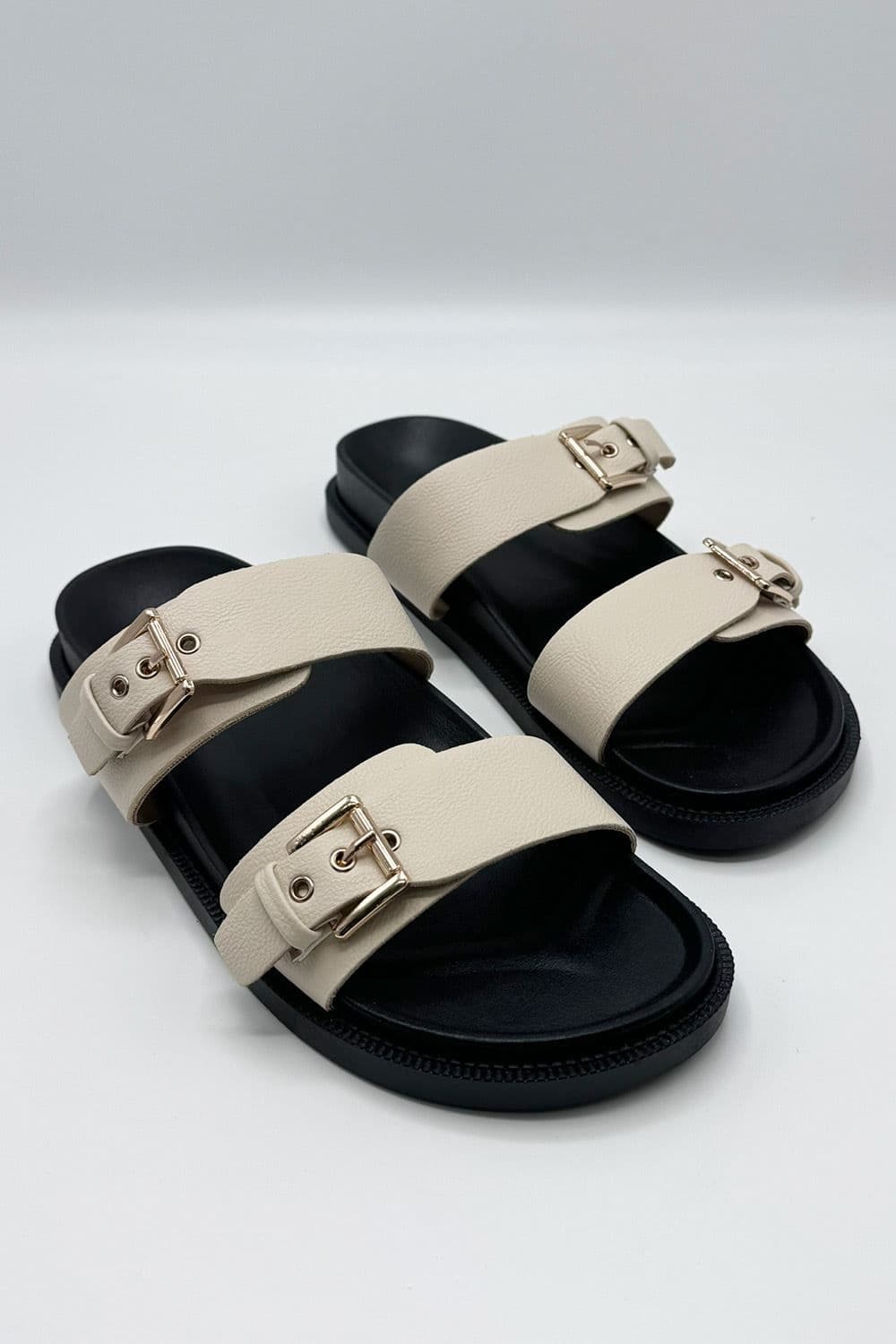 Miss Diva Women's Elise 2 Band Gold Buckle Flat Slider in Nude | Size: 7