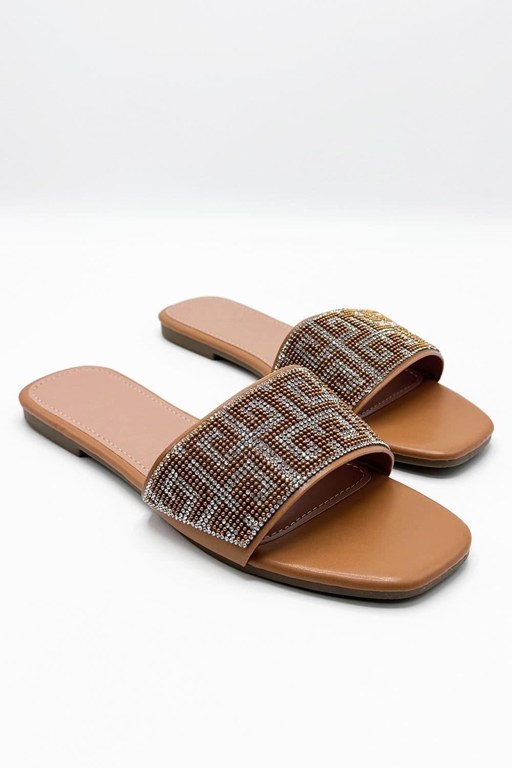 Miss Diva Women's Gloria Diamante Patterned Band Flat Sliders in Camel | Size: 5
