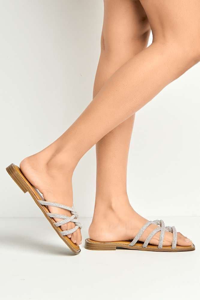 Miss Diva Women's Minerva Diamante Plaited 3 Strap Sliders in Silver | Size: 4