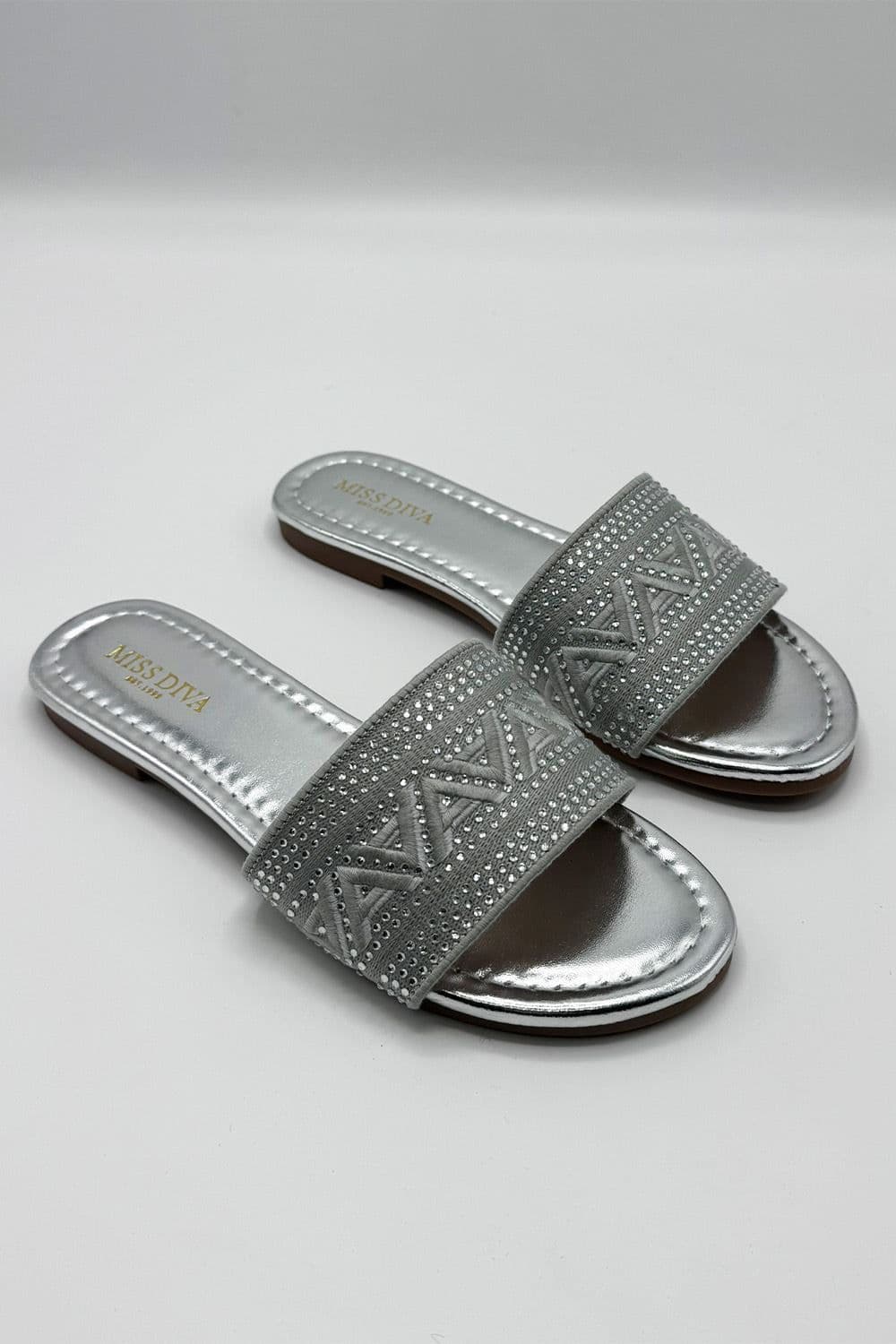 Miss Diva Women's Kree Diamante Patterned Sliders in Silver | Size: 6