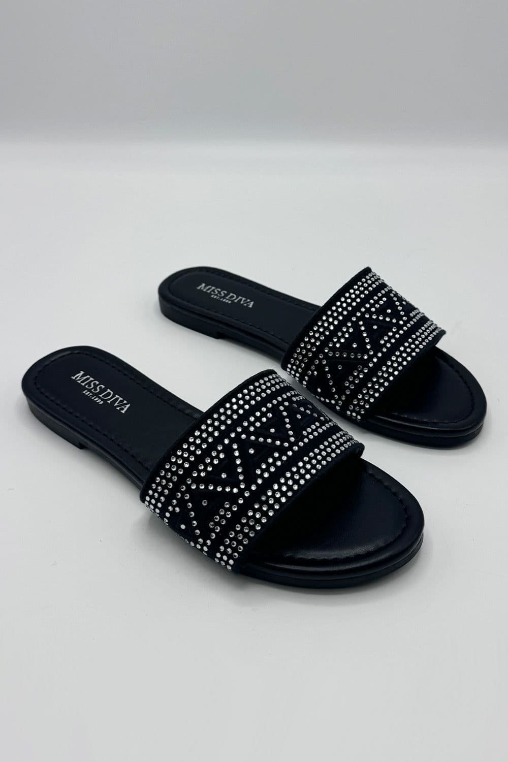 Miss Diva Women's Kree Diamante Patterned Sliders in Black | Size: 5