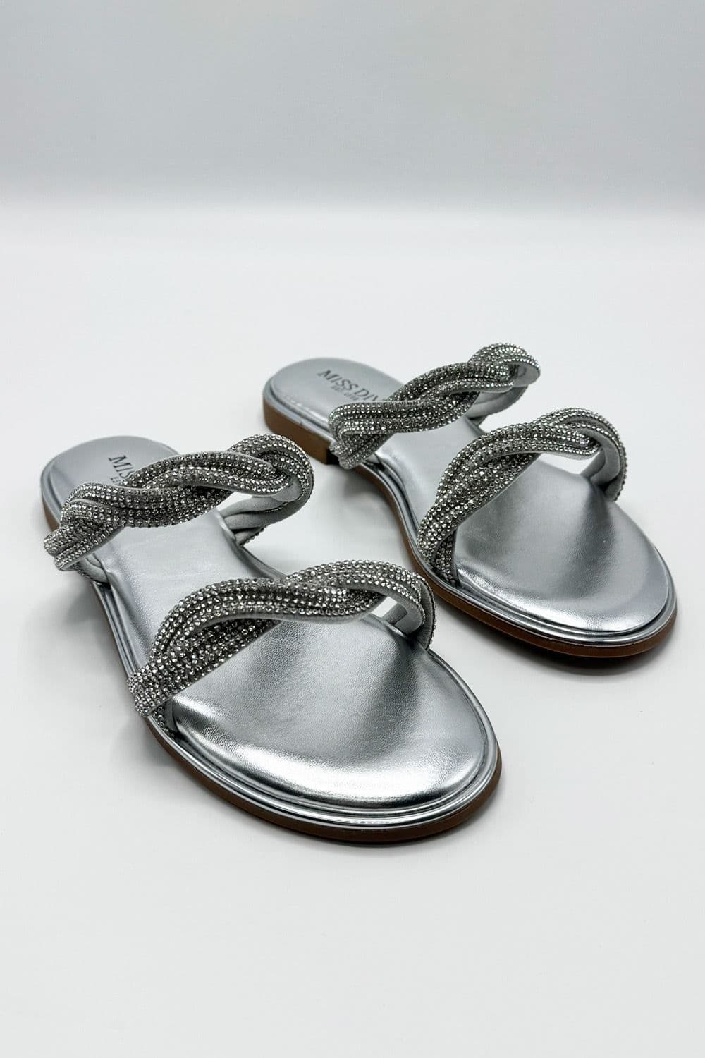 Miss Diva Women's Eldoria Diamante Plaited 2 Strap Sliders in Silver | Size: 7