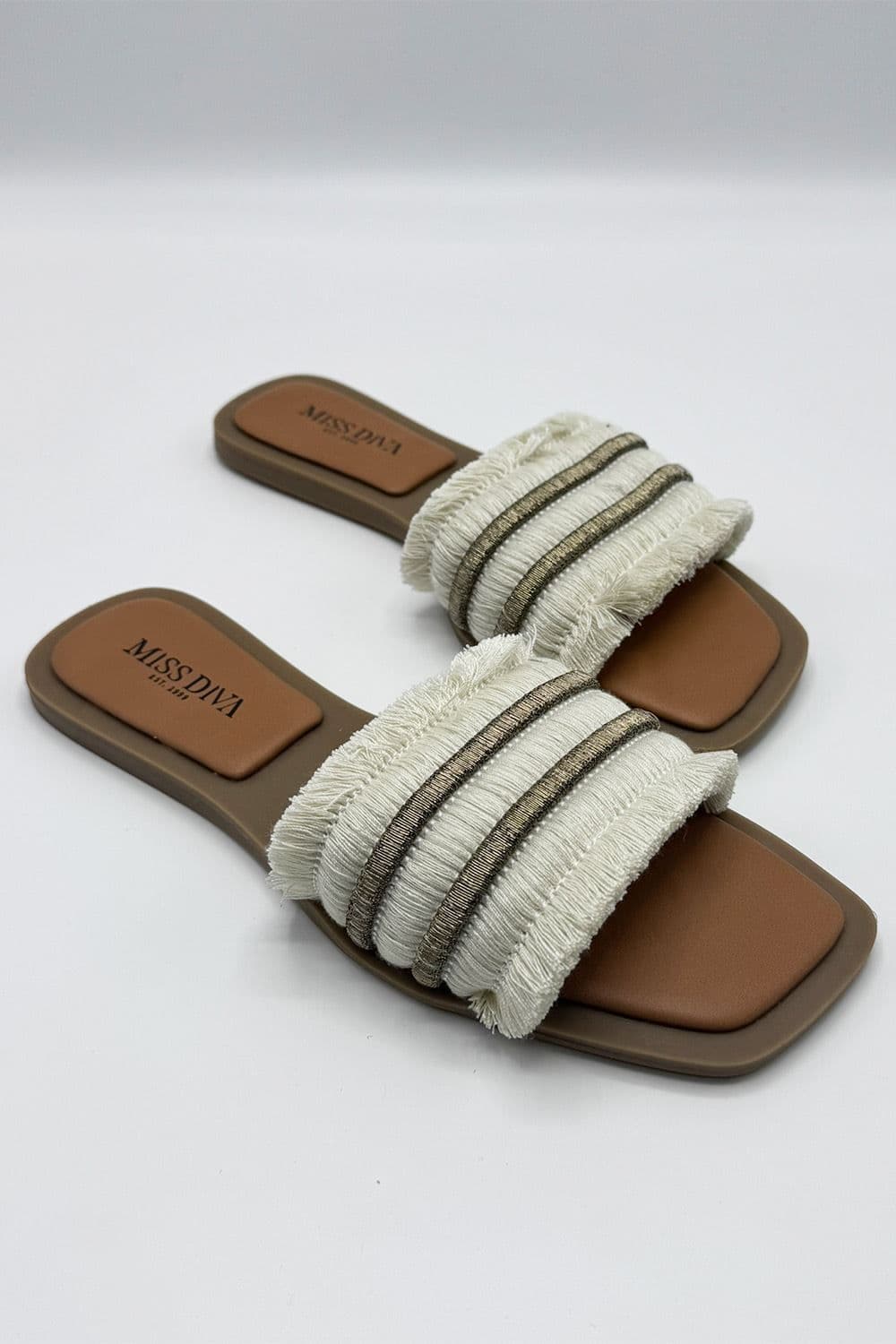 Miss Diva Women's Linnea Tassel Strap Sliders in Beige | Size: 3