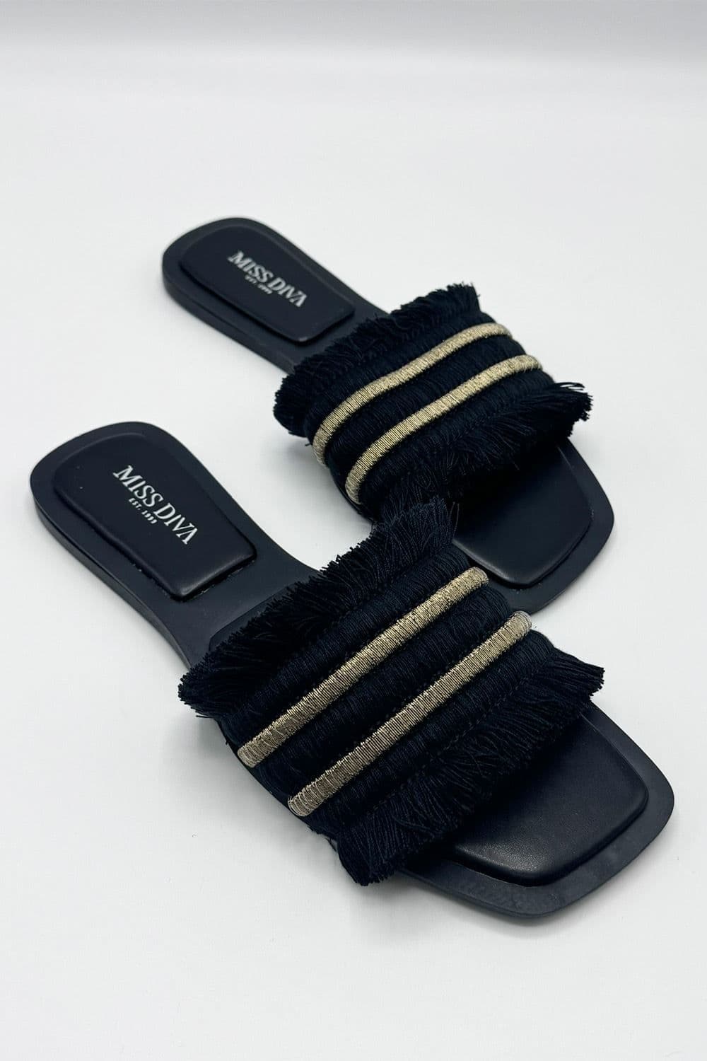 Miss Diva Women's Linnea Tassel Strap Sliders in Black | Size: 6