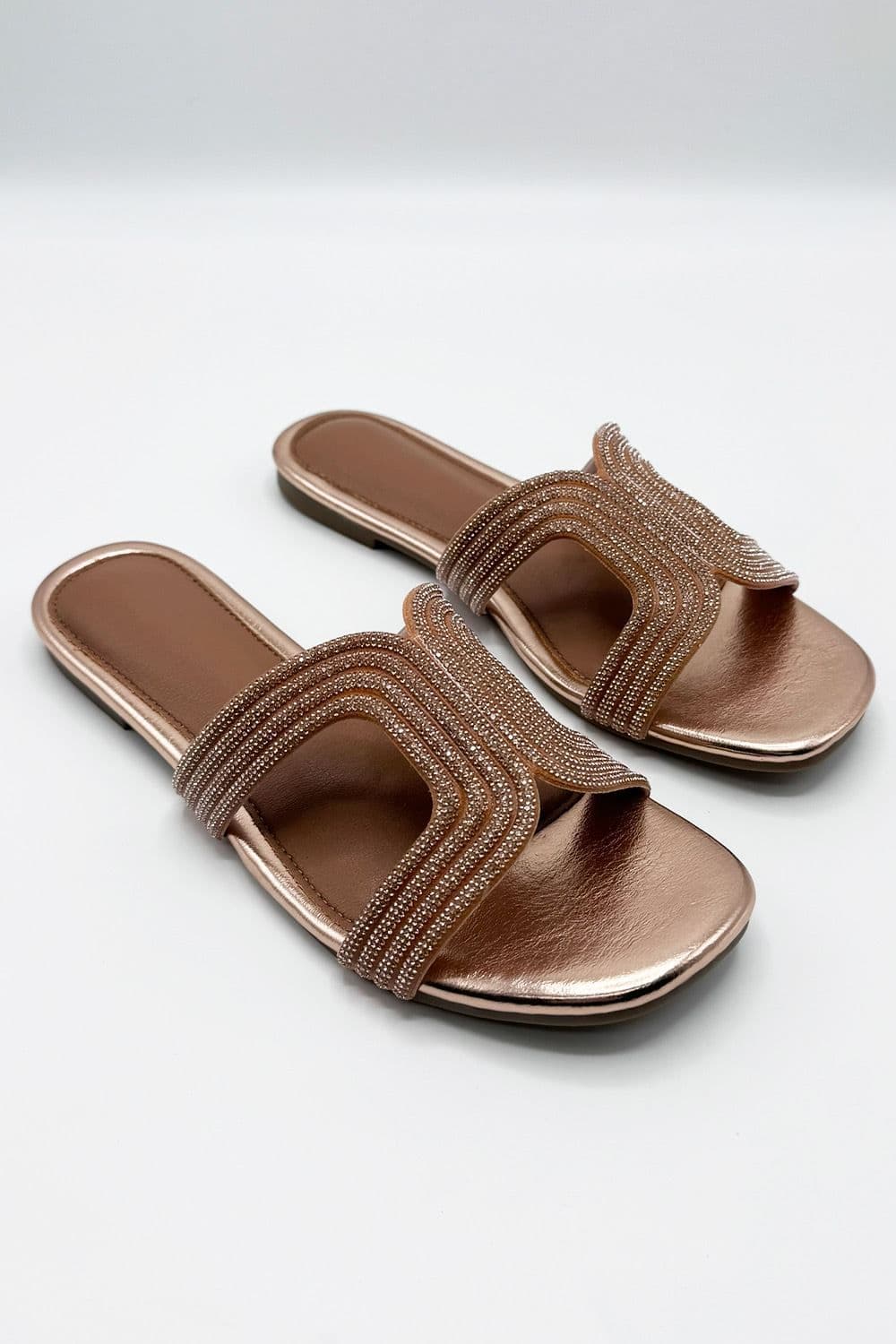 Miss Diva Women's Hera Diamante Embellished Cut-Out Sliders in Rose Gold | Size: 7