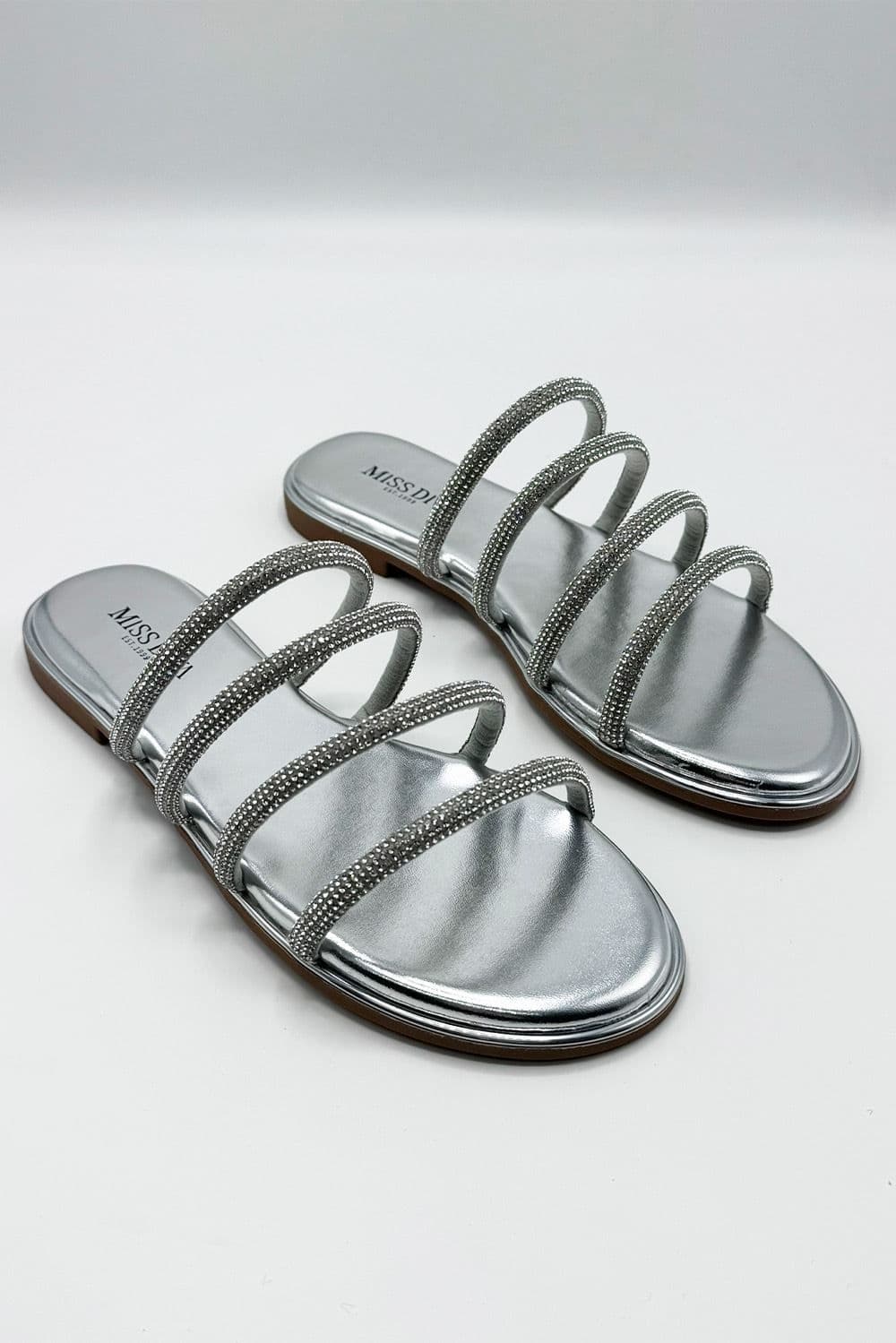 Miss Diva Women's Sirra Diamante Embellished 4 Strap Sliders in Silver